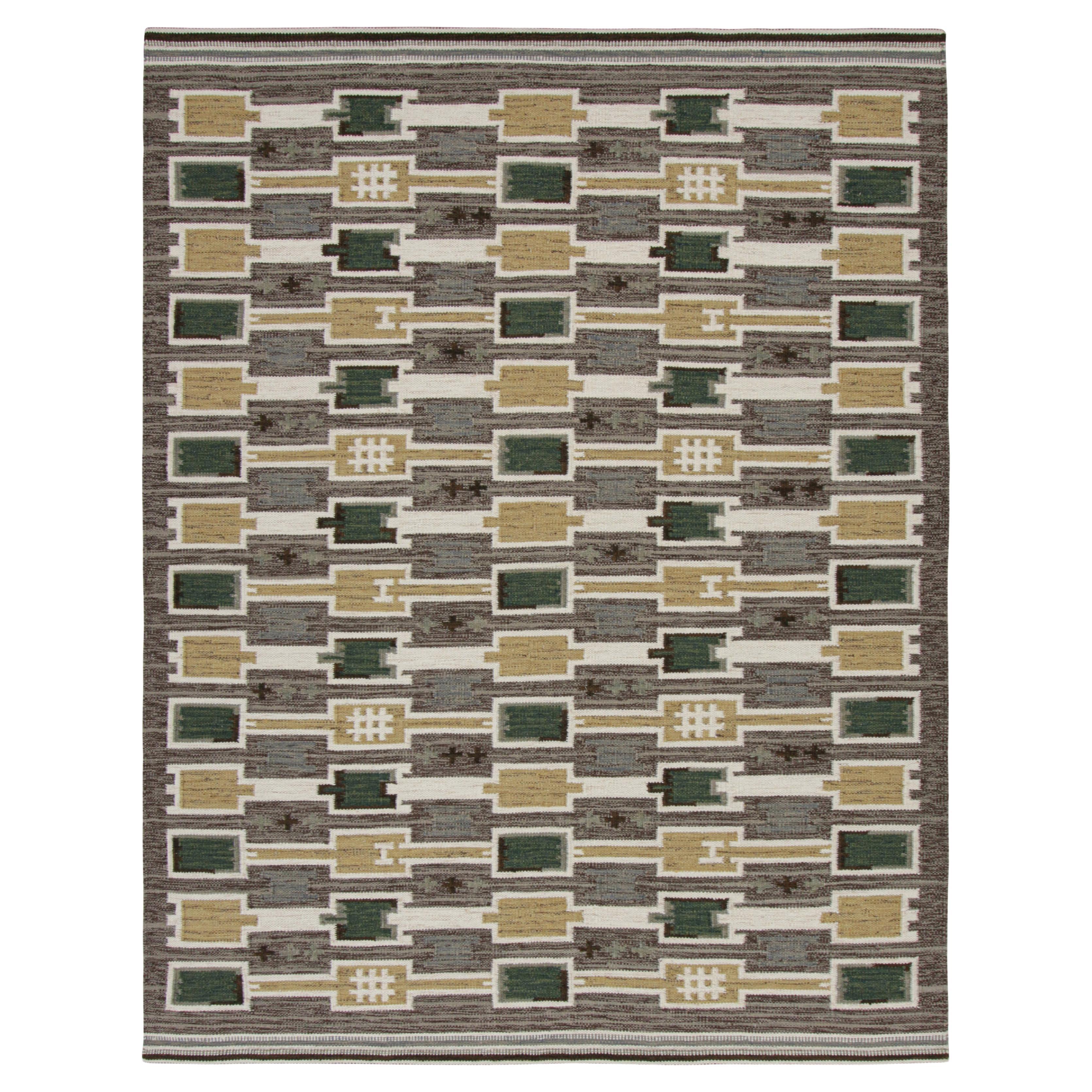 Rug & Kilim’s Scandinavian Style Rug with Patterns in Green, Gold and Brown For Sale