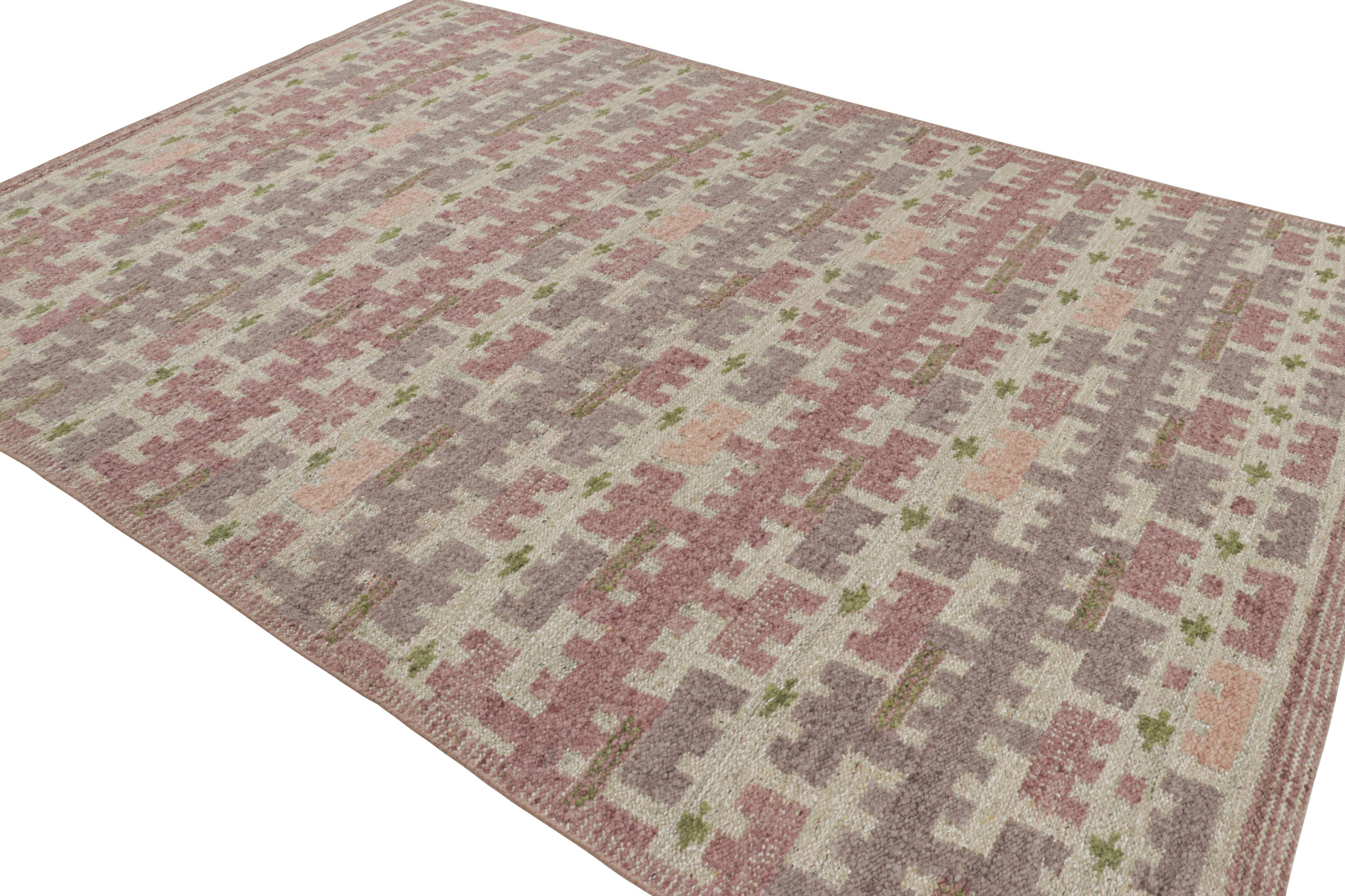 Indian Rug & Kilim’s Scandinavian Style Rug with Pink and Purple Geometric Patterns For Sale