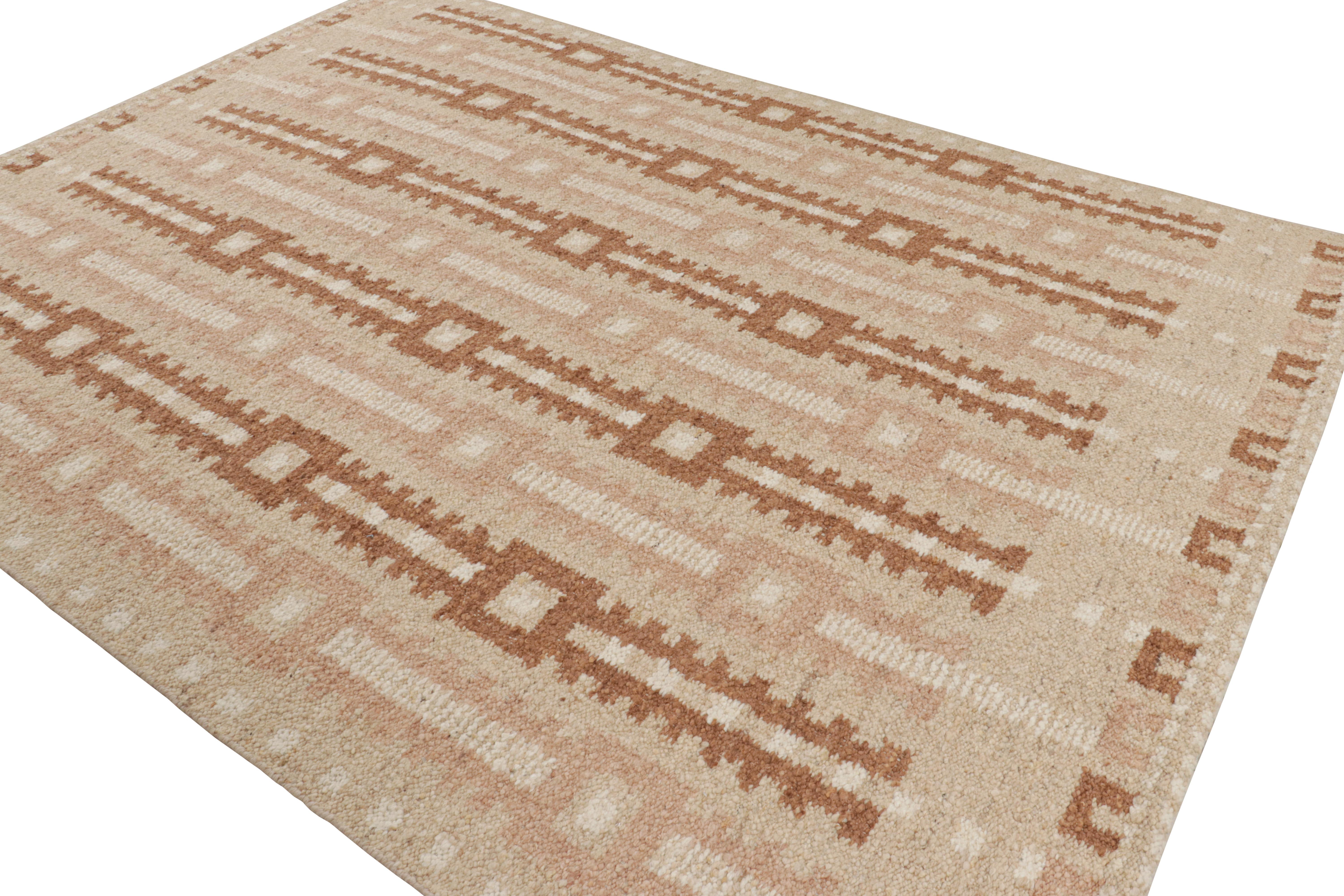 Indian Rug & Kilim’s Scandinavian Style Rug with Pink, White and Beige-Brown Patterns For Sale