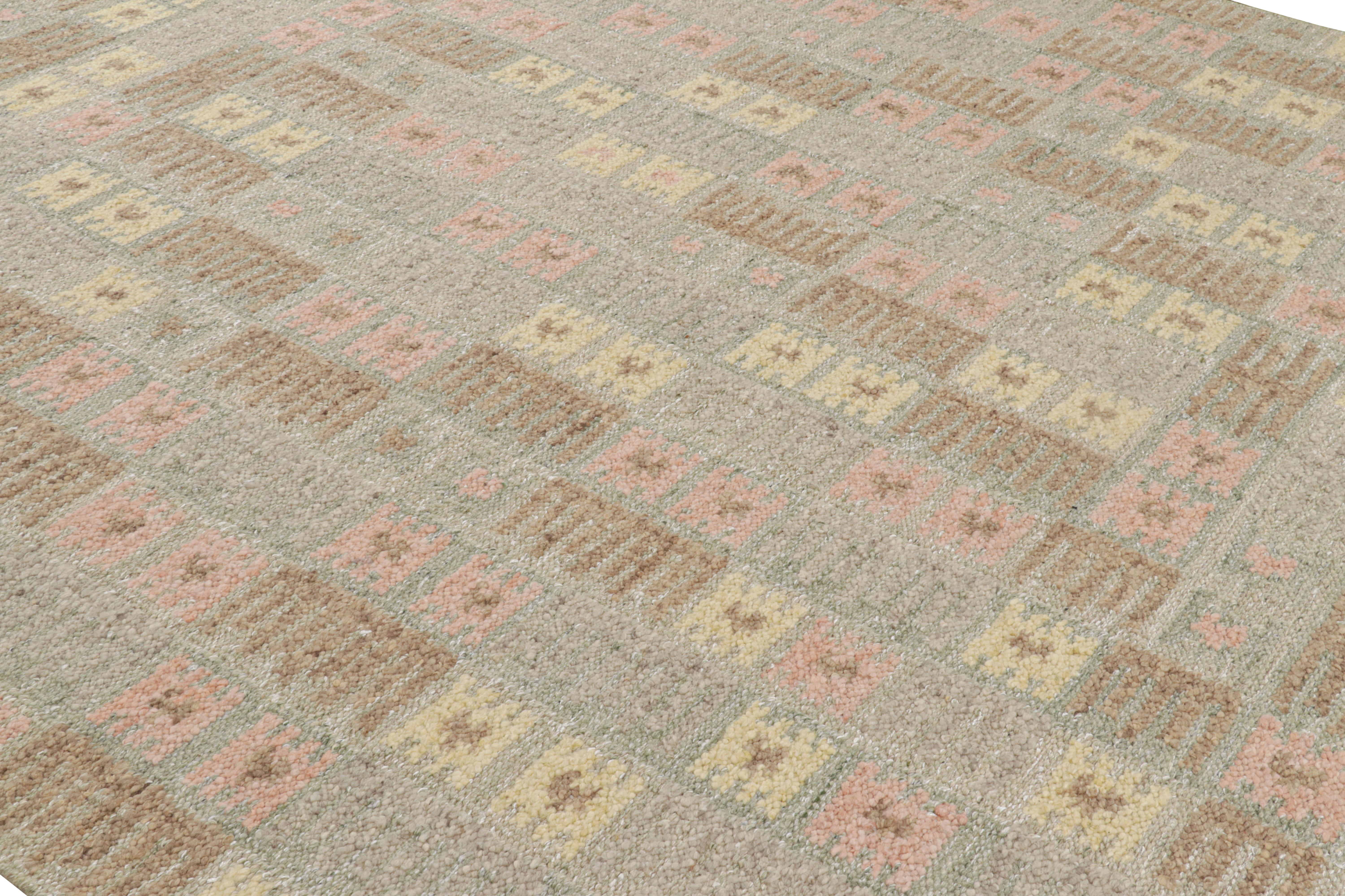 This 9x14 Swedish-style rug, handwoven in a wool flatweave, is from the inventive “Nu” texture in Rug & Kilim’s award-winning Scandinavian flat weave collection. 

On the Design: 

The “Nu” construction enjoys a boucle-like texture of blended yarns,