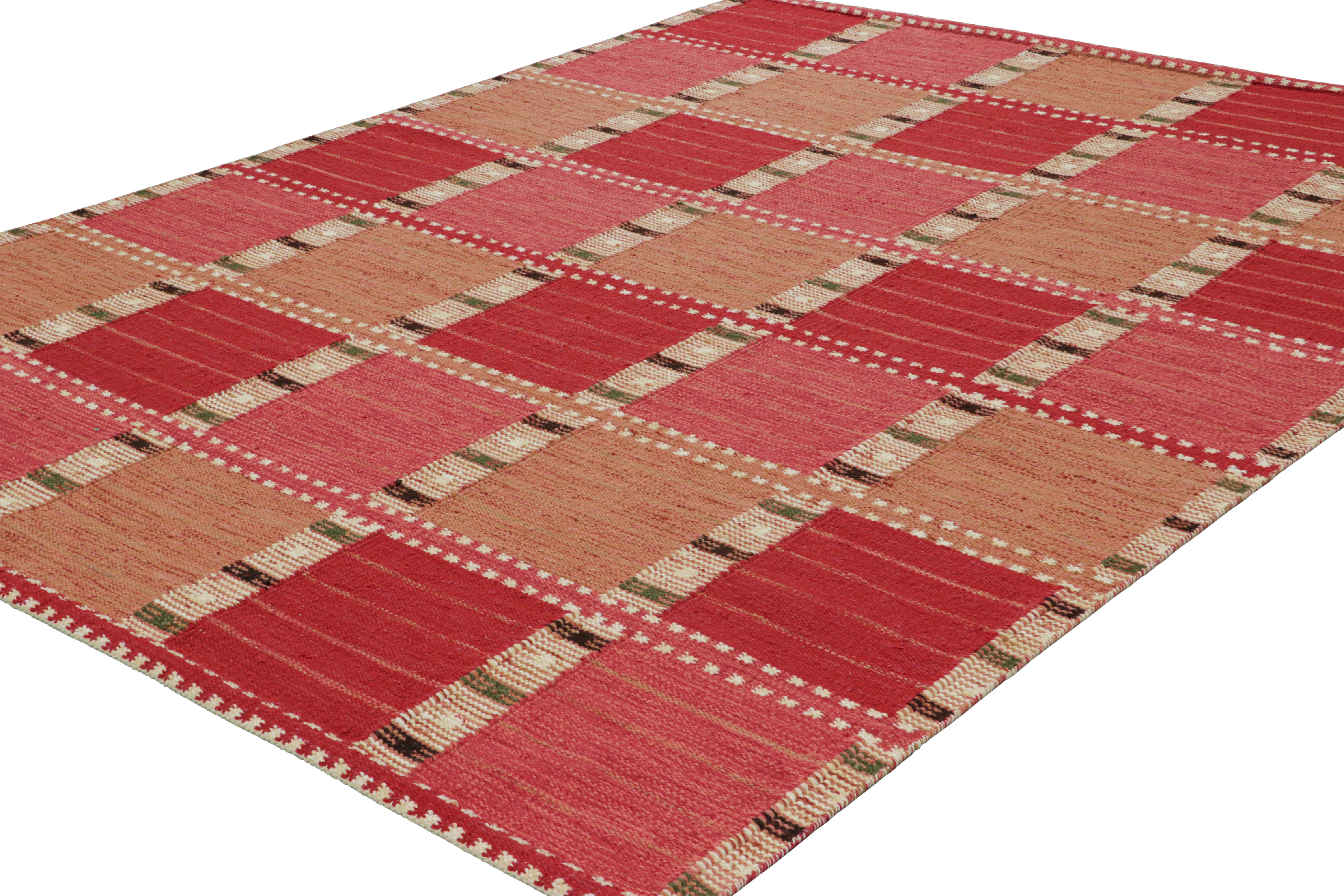 Indian Rug & Kilim’s Scandinavian Style Rug with Red and Pink Geometric Patterns For Sale