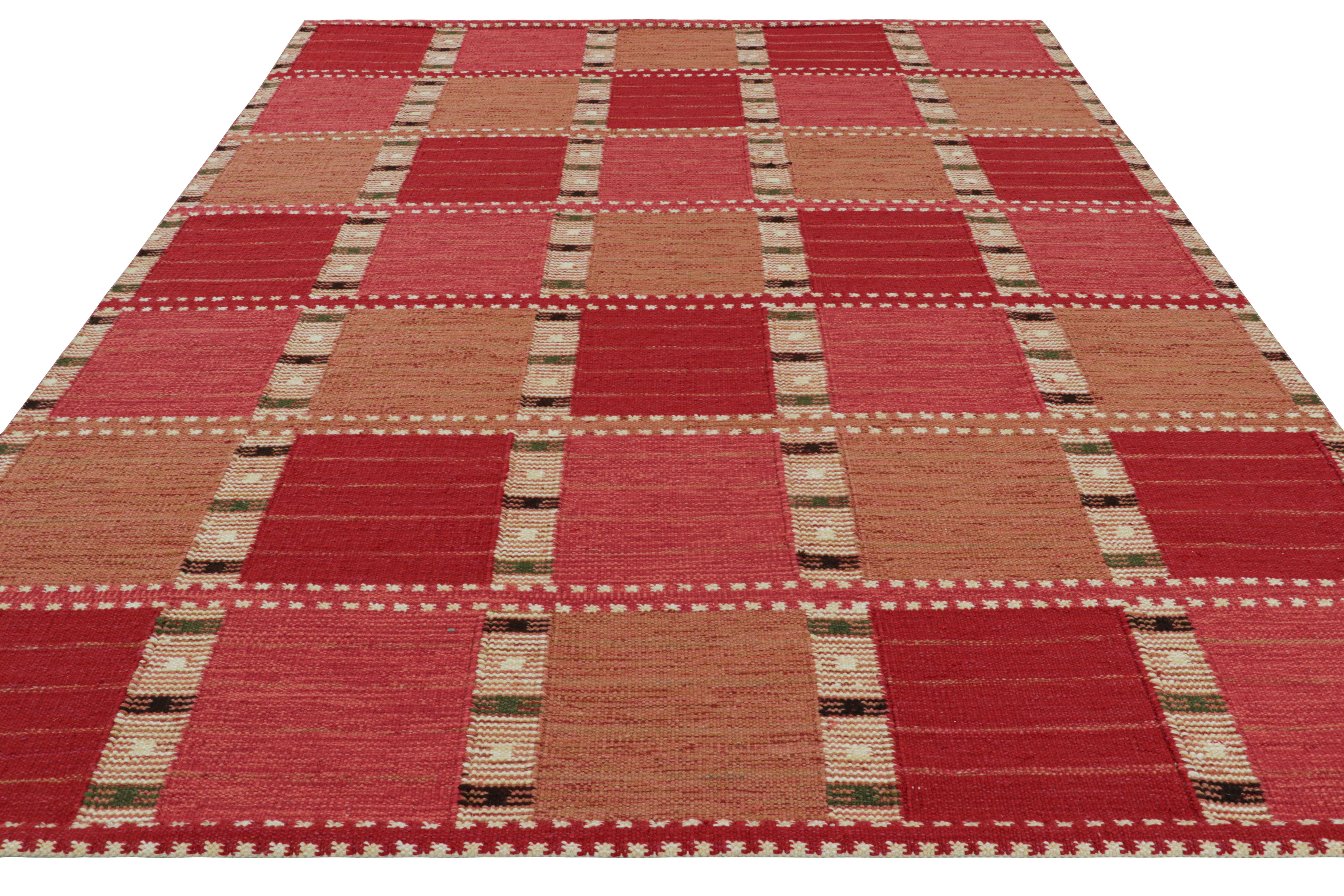 Hand-Woven Rug & Kilim’s Scandinavian Style Rug with Red and Pink Geometric Patterns For Sale