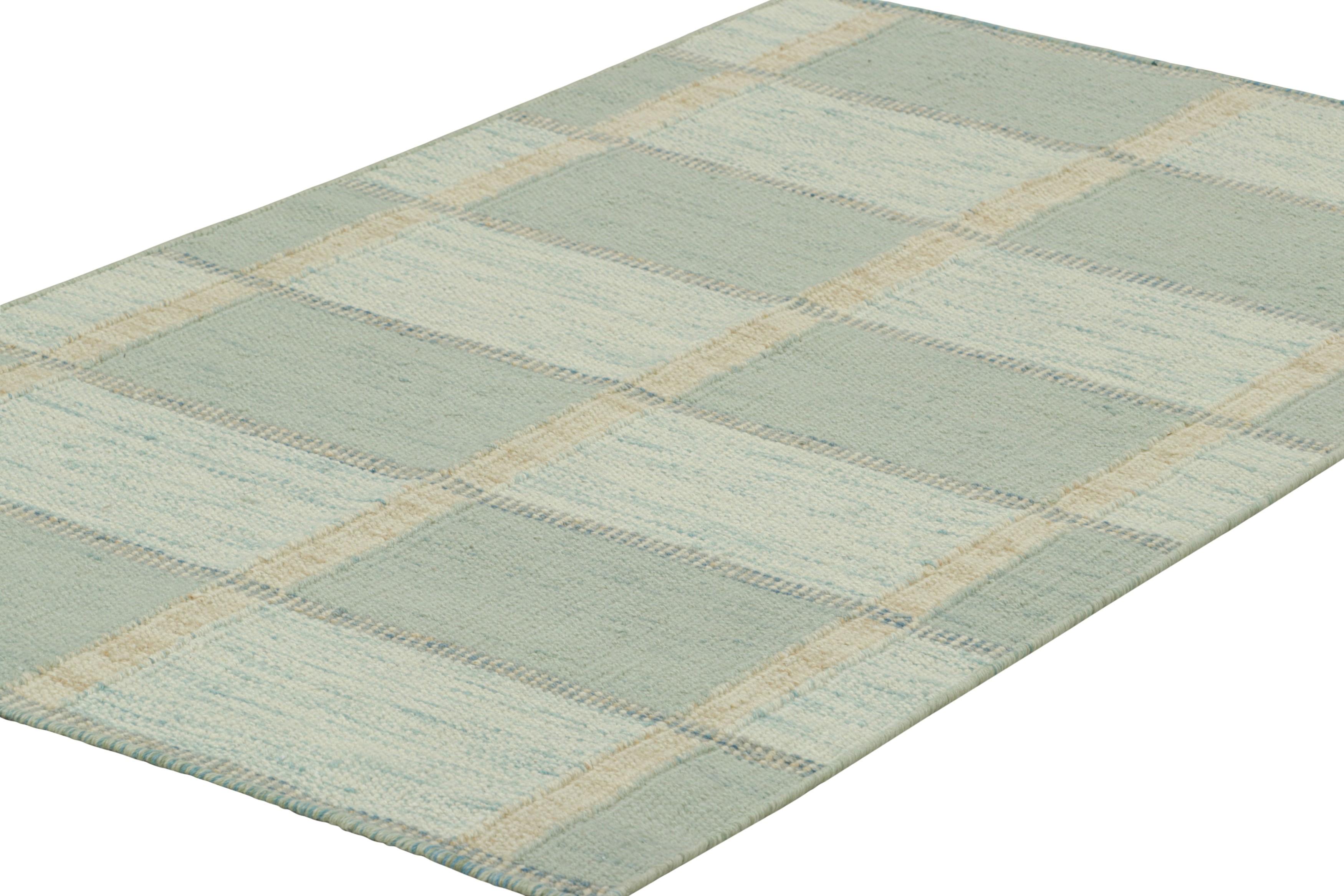 Indian Rug & Kilim’s Scandinavian Style Rug with Seafoam Blue Geometric Patterns For Sale