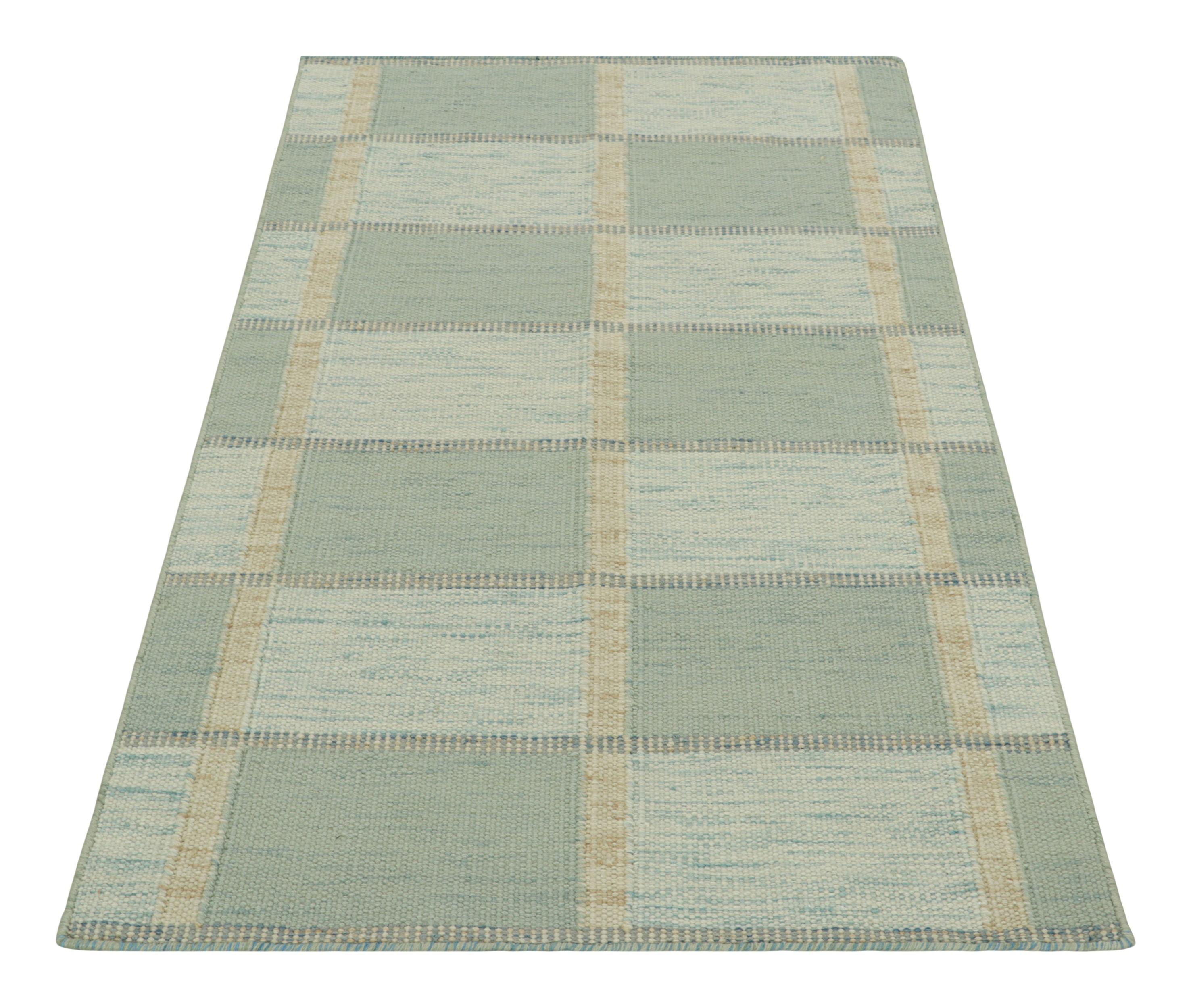 Hand-Woven Rug & Kilim’s Scandinavian Style Rug with Seafoam Blue Geometric Patterns For Sale