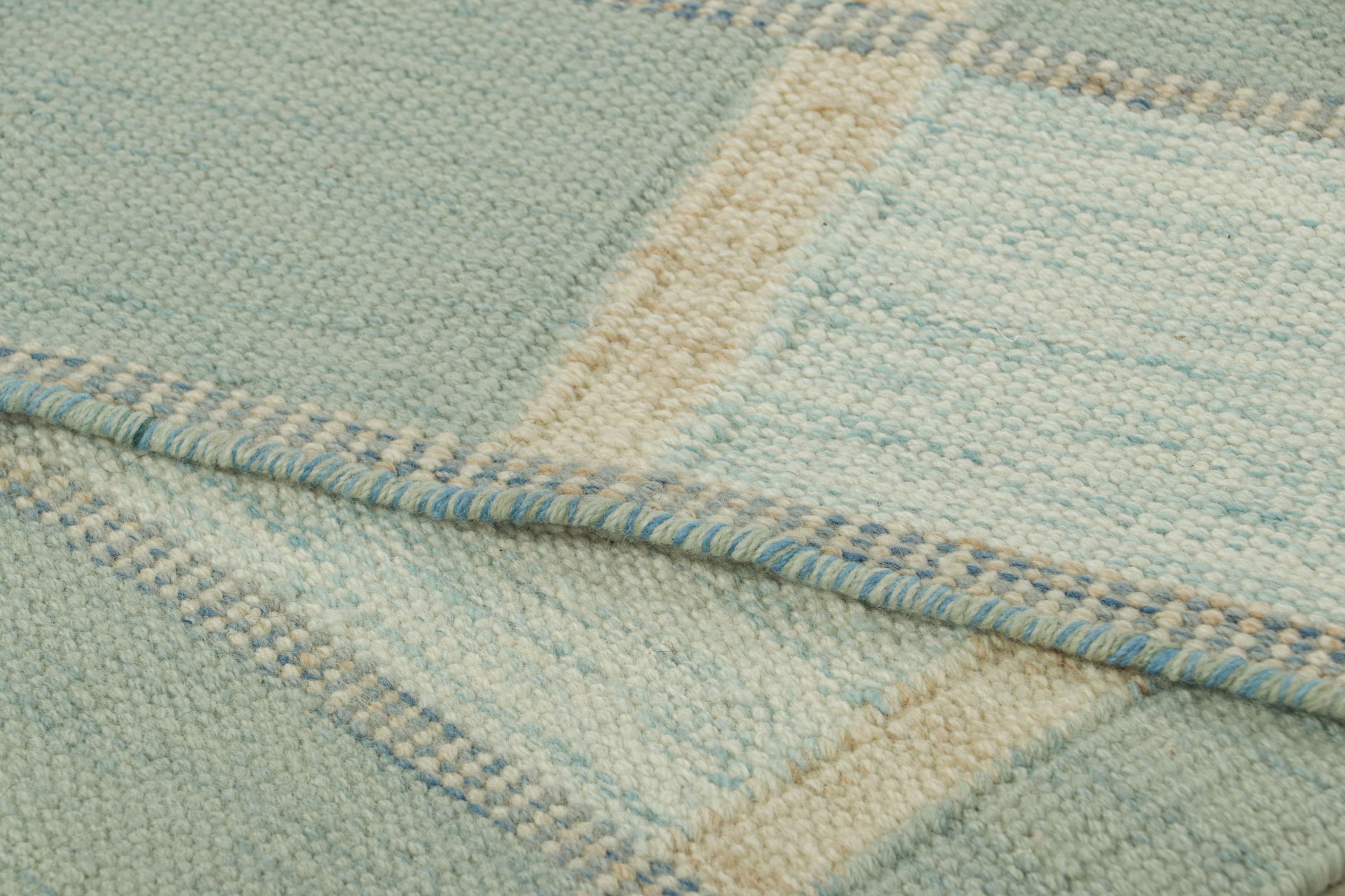 Contemporary Rug & Kilim’s Scandinavian Style Rug with Seafoam Blue Geometric Patterns For Sale
