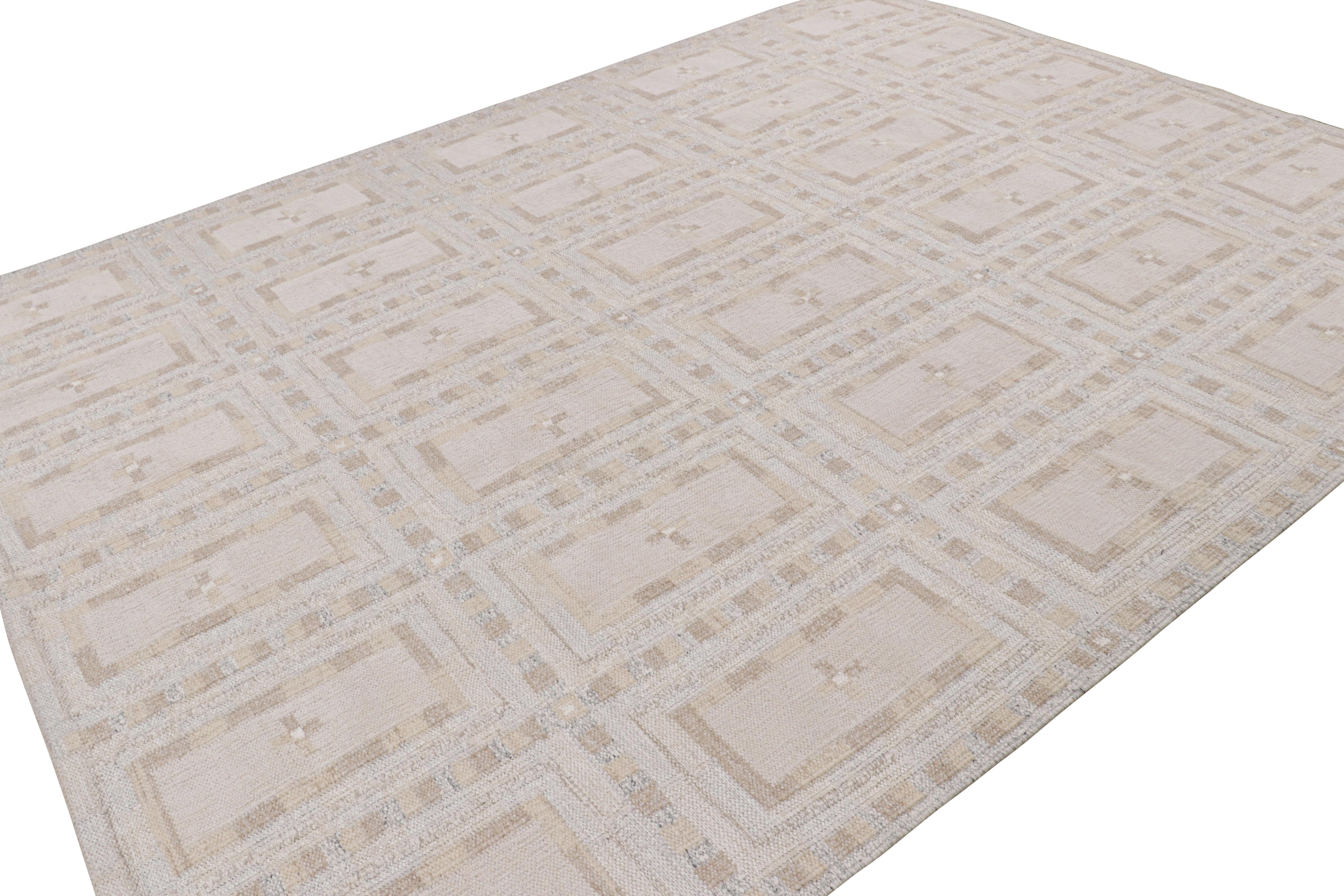 Indian Rug & Kilim’s Scandinavian Style Rug with White and Beige-Brown Patterns For Sale