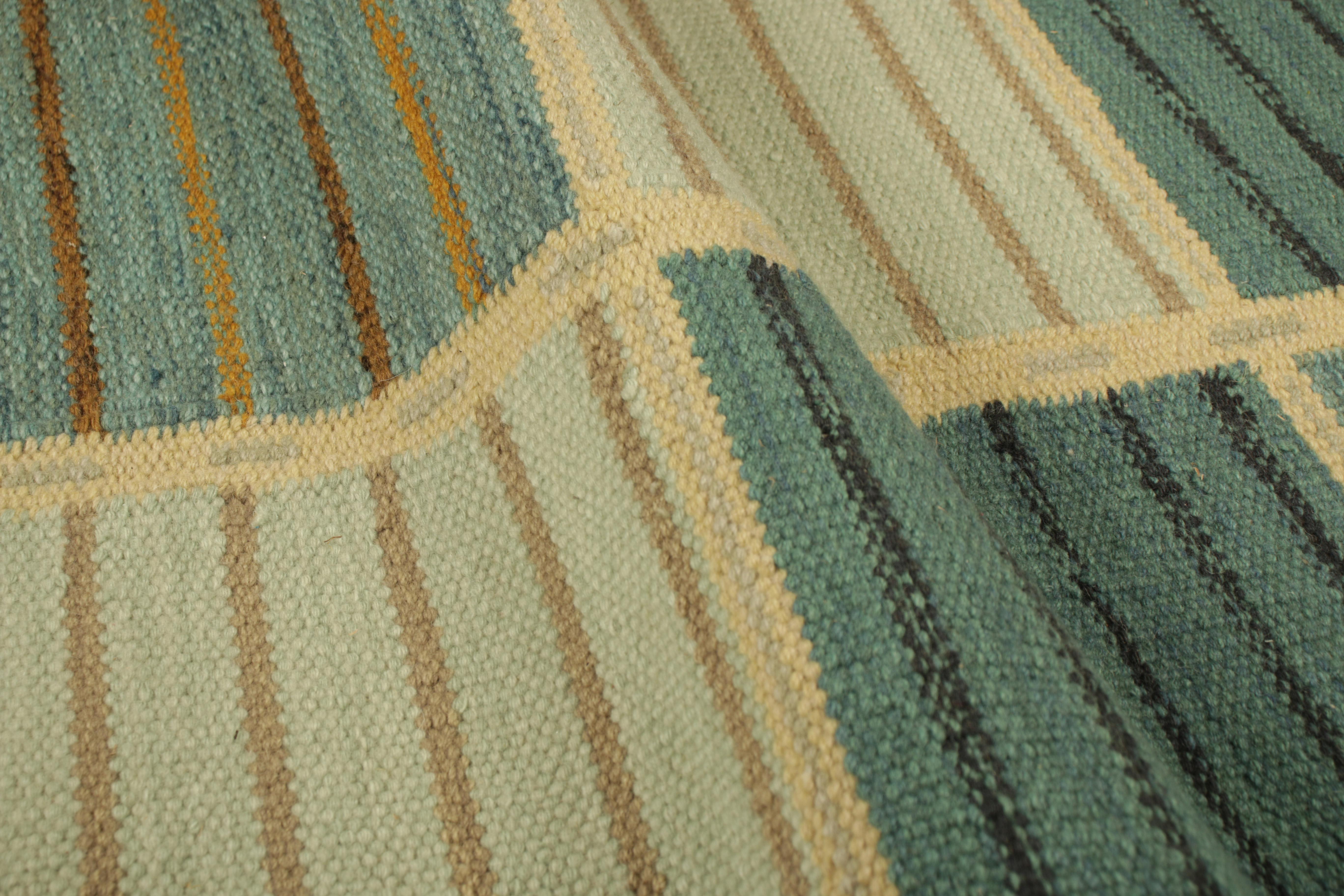 Modern Rug & Kilim’s Scandinavian Style Runner in Beige and Blue, with Geometric Stripe For Sale