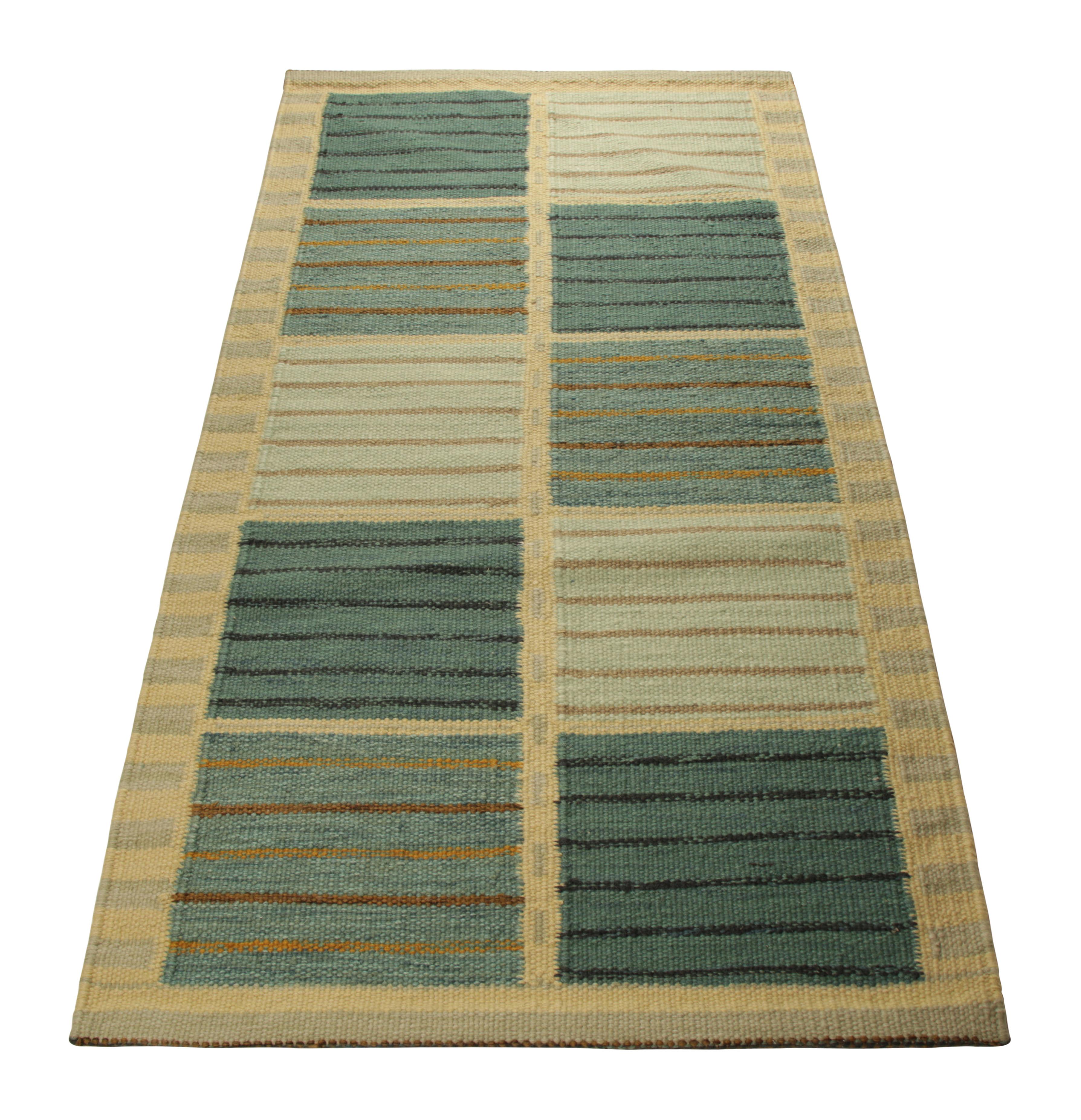 Hand-Woven Rug & Kilim’s Scandinavian Style Runner in Beige and Blue, with Geometric Stripe For Sale