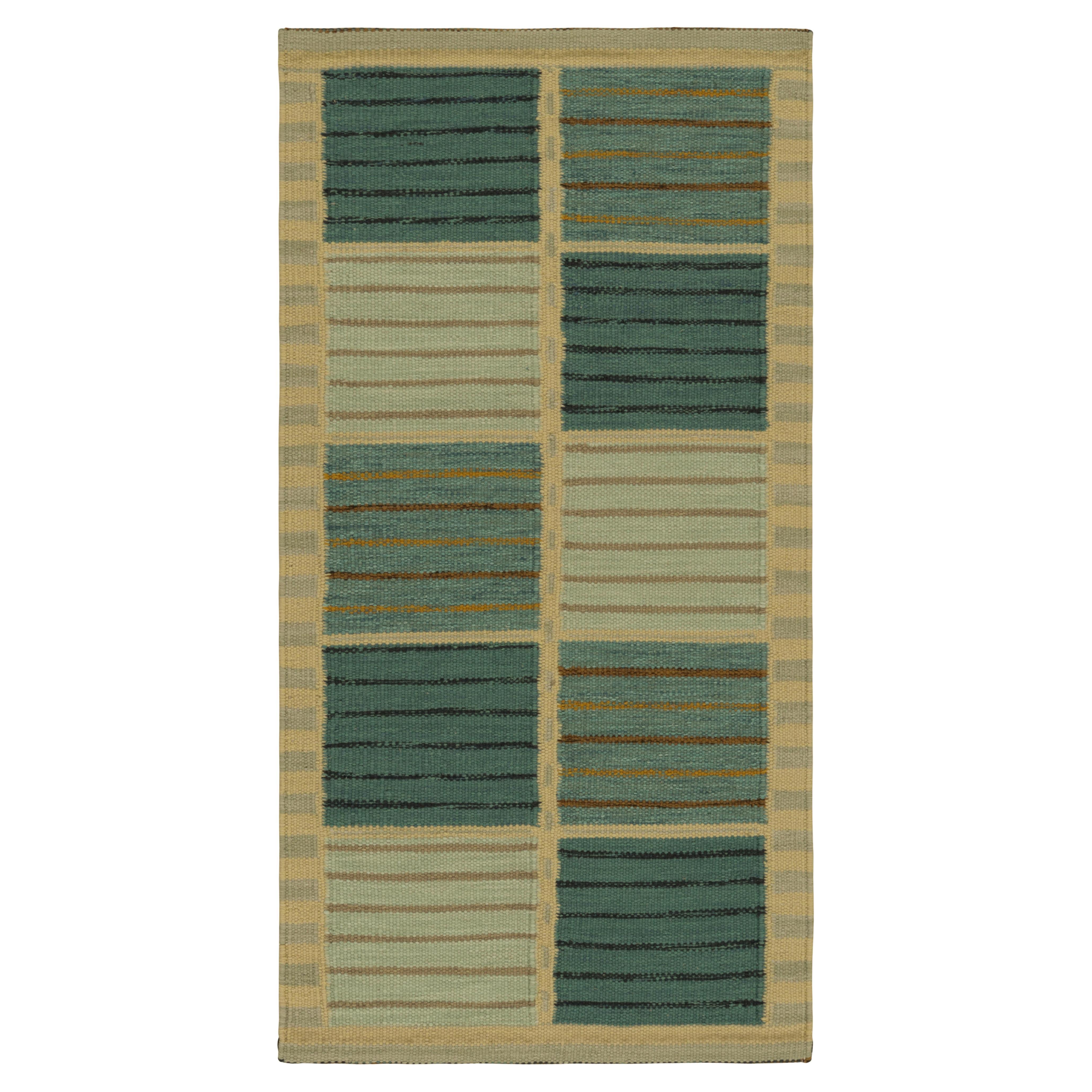 Rug & Kilim’s Scandinavian Style Runner in Beige and Blue, with Geometric Stripe For Sale