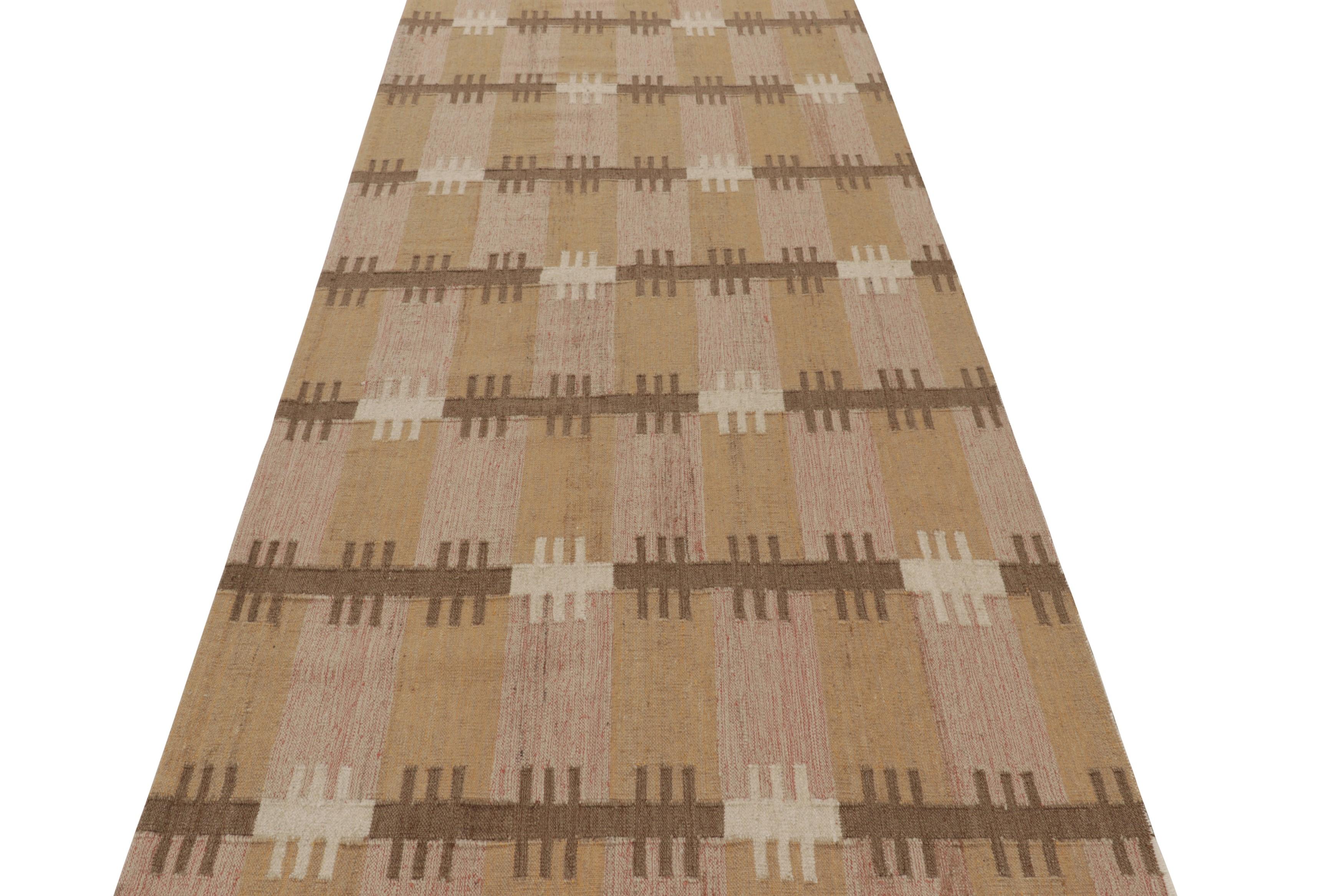 Handwoven in a wool flatweave, this 4x13 Scandinavian flat weave rug features geometric patterns inspired by the Swedish Minimalist style. 

On the design: 

Admirers of the craft may admire our Swedish flatweave runner rug with an exemplary blend