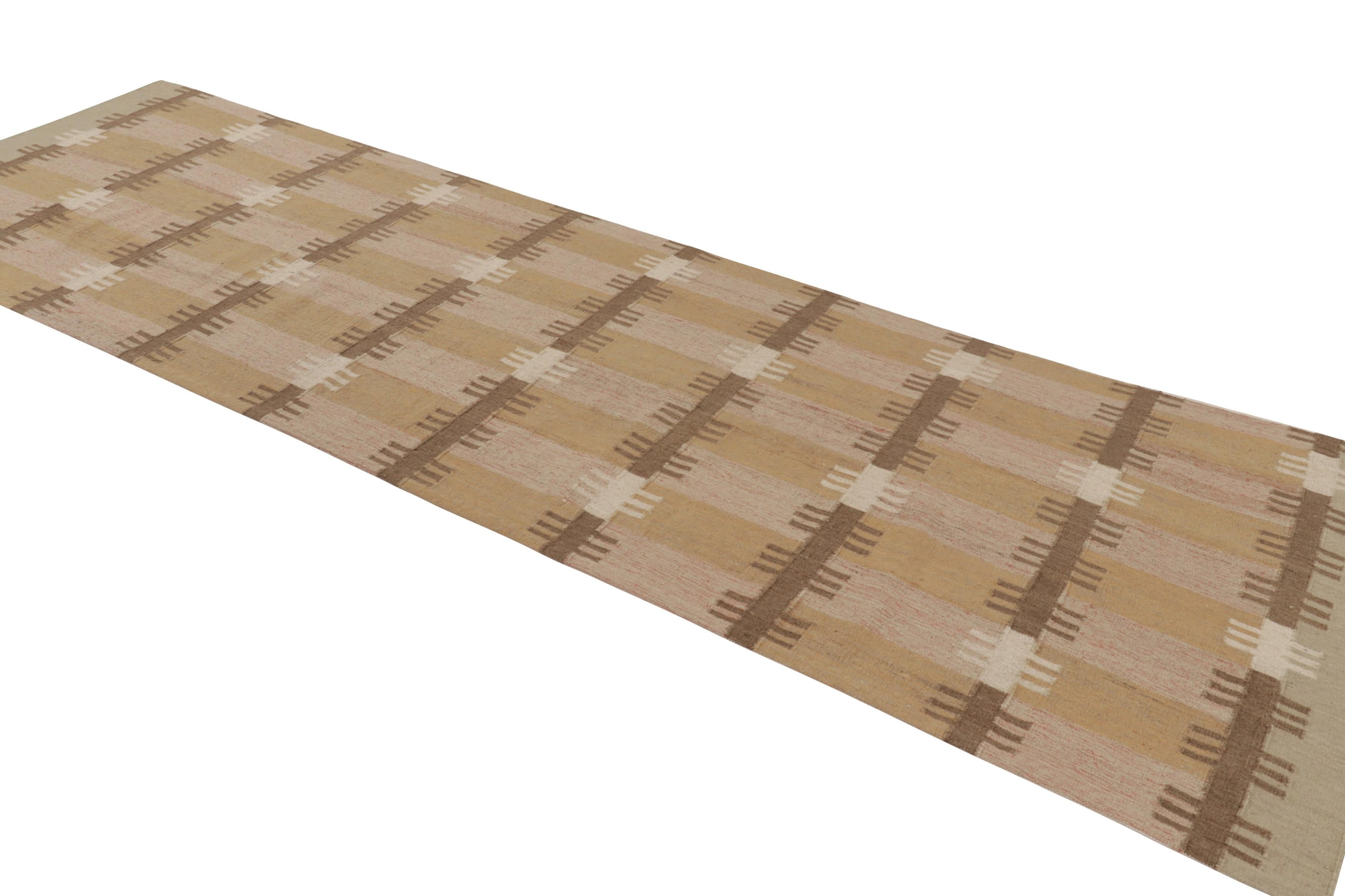 Indian Rug & Kilim’s Scandinavian Style Runner in Beige-Brown with Geometric Patterns For Sale