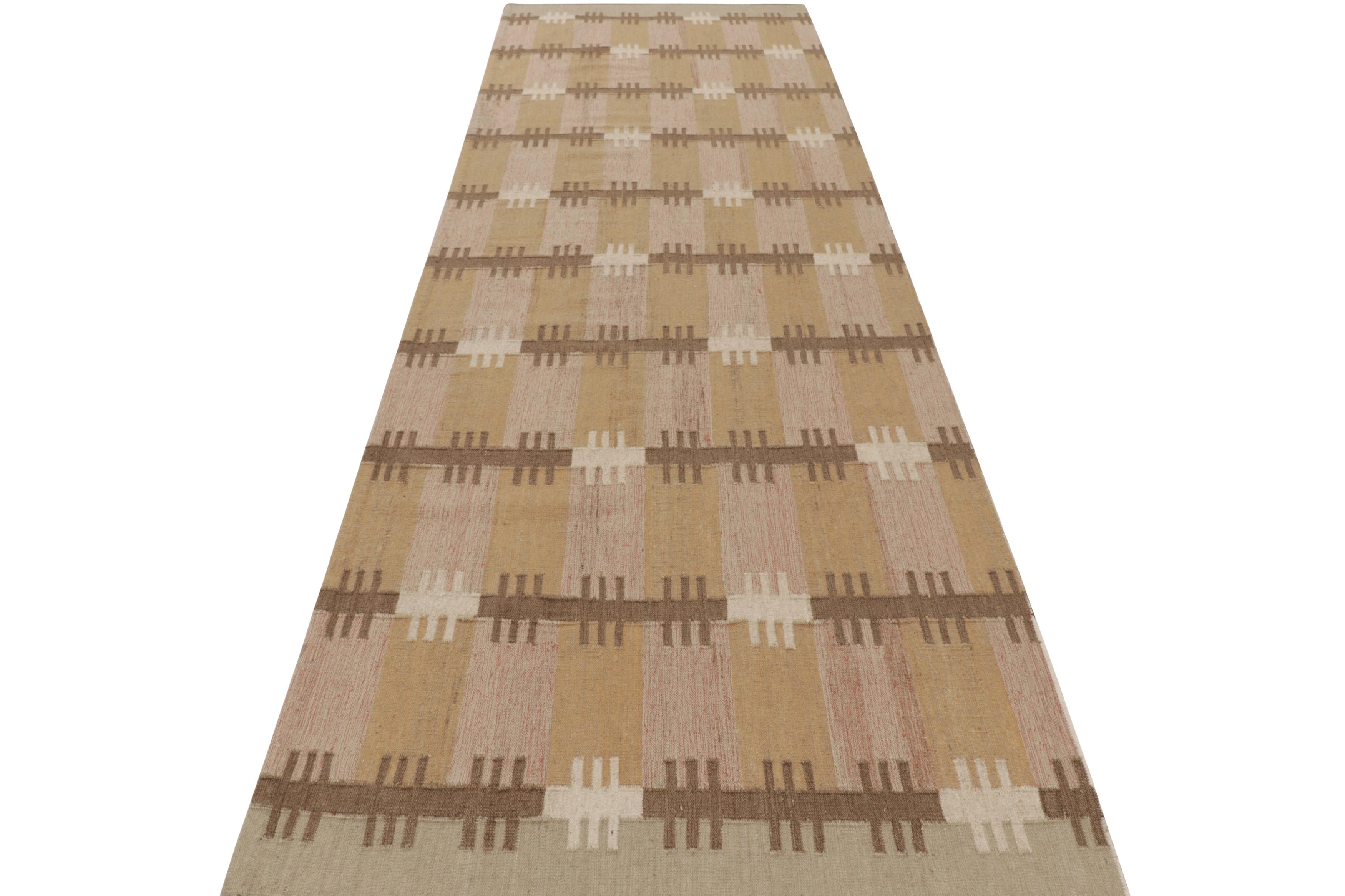 Hand-Woven Rug & Kilim’s Scandinavian Style Runner in Beige-Brown with Geometric Patterns For Sale