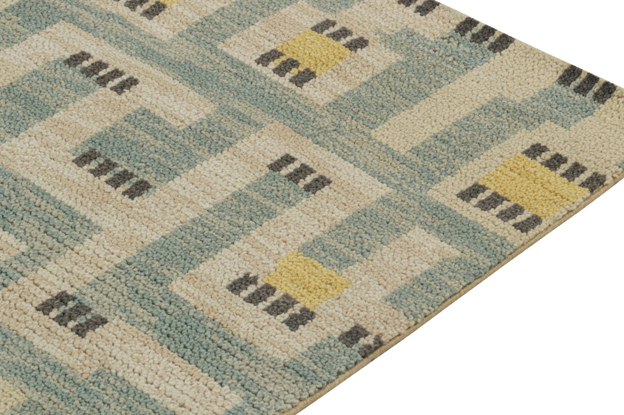 Hand-Knotted Rug & Kilim’s Scandinavian Style Runner in Blue, Beige & Gold Geometric Pattern For Sale