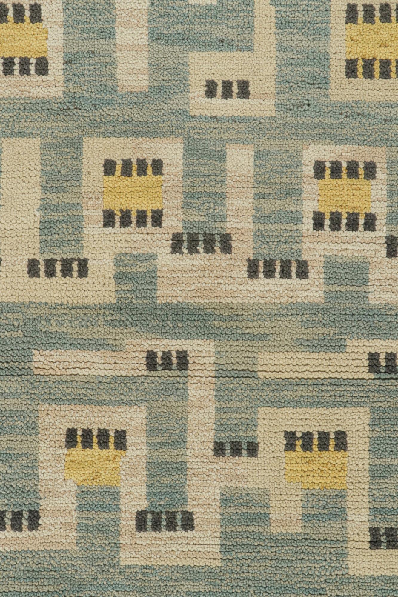Rug & Kilim’s Scandinavian Style Runner in Blue, Beige & Gold Geometric Pattern In New Condition For Sale In Long Island City, NY