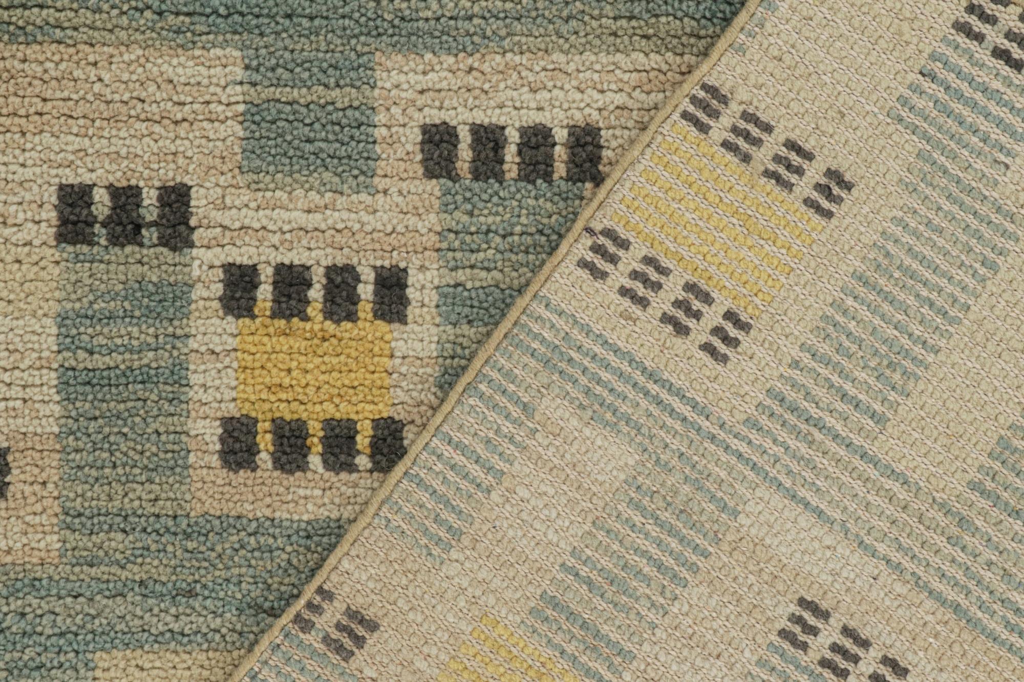 Contemporary Rug & Kilim’s Scandinavian Style Runner in Blue, Beige & Gold Geometric Pattern For Sale