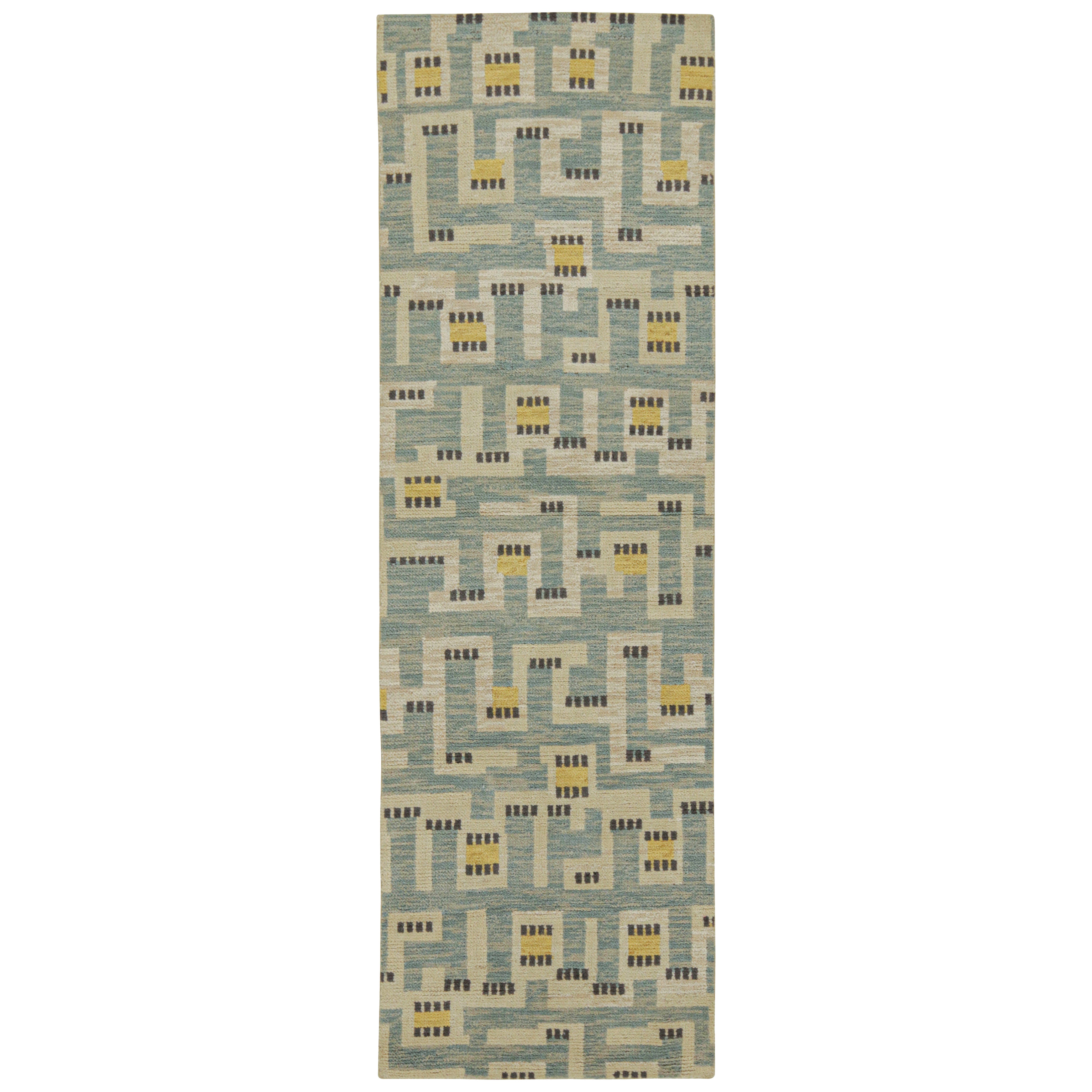 Rug & Kilim’s Scandinavian Style Runner in Blue, Beige & Gold Geometric Pattern