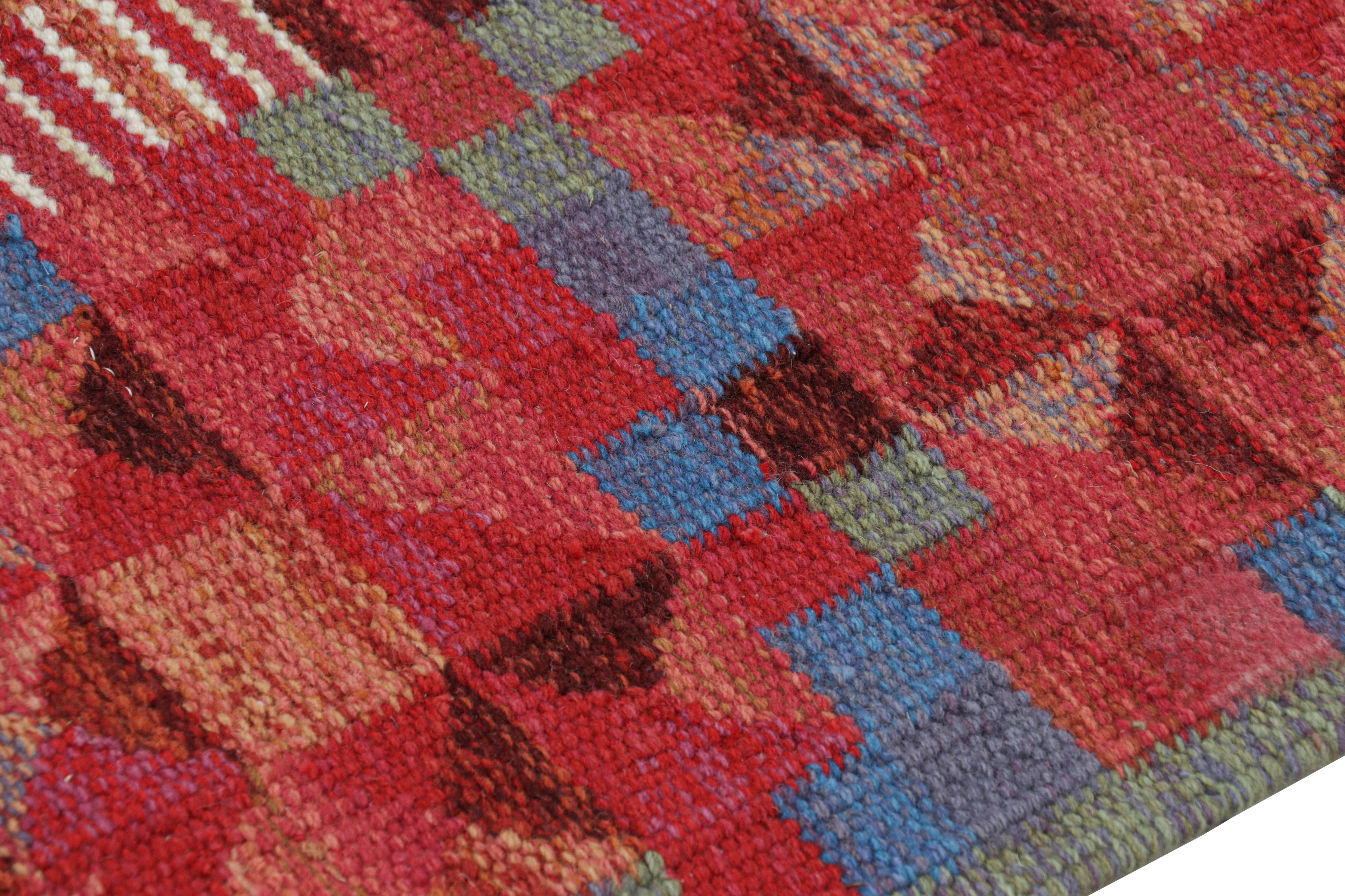 Modern Rug & Kilim’s Scandinavian Style Runner in Red Geometric Patterns & Blue Accents For Sale