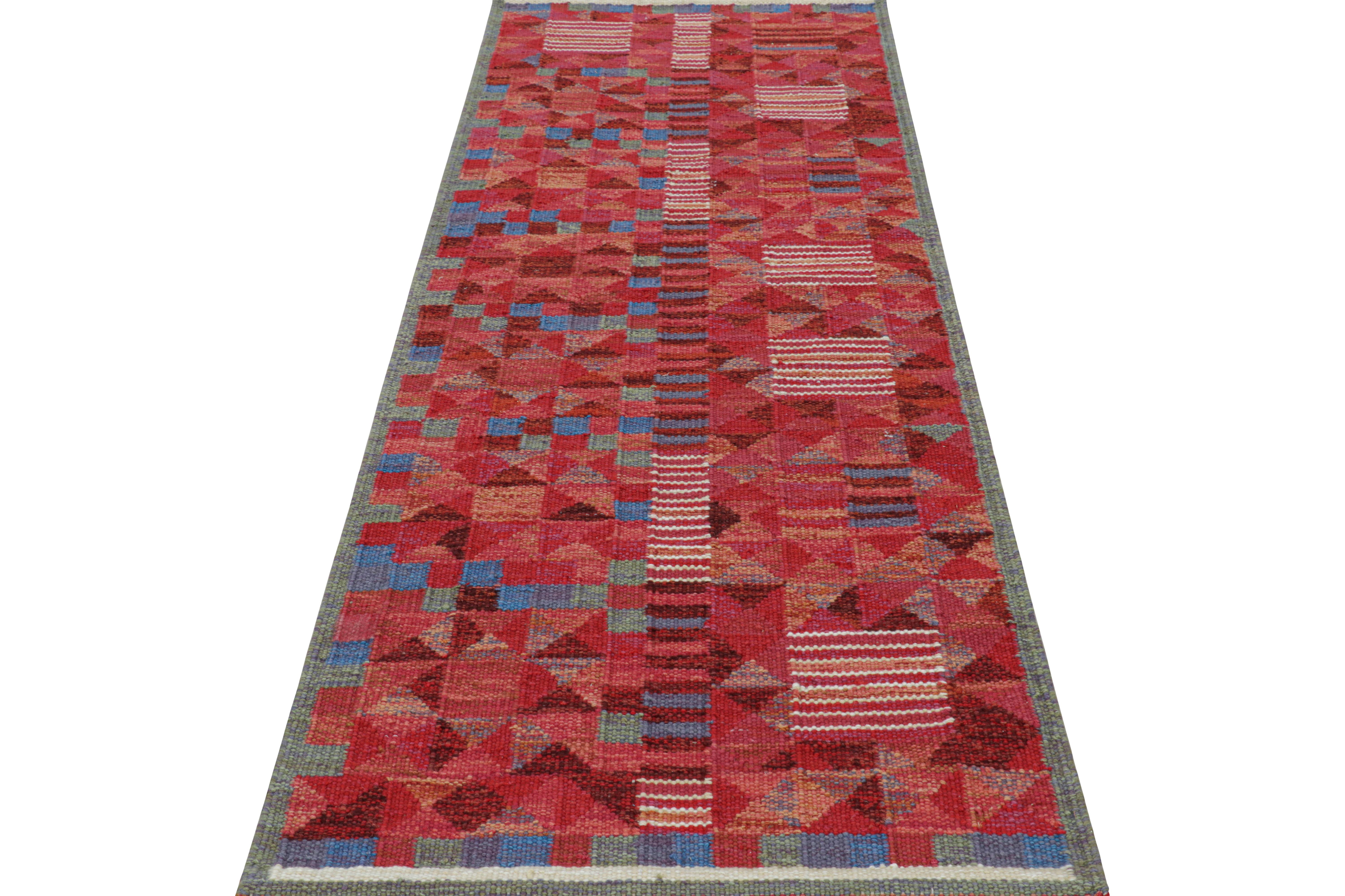 Indian Rug & Kilim’s Scandinavian Style Runner in Red Geometric Patterns & Blue Accents For Sale