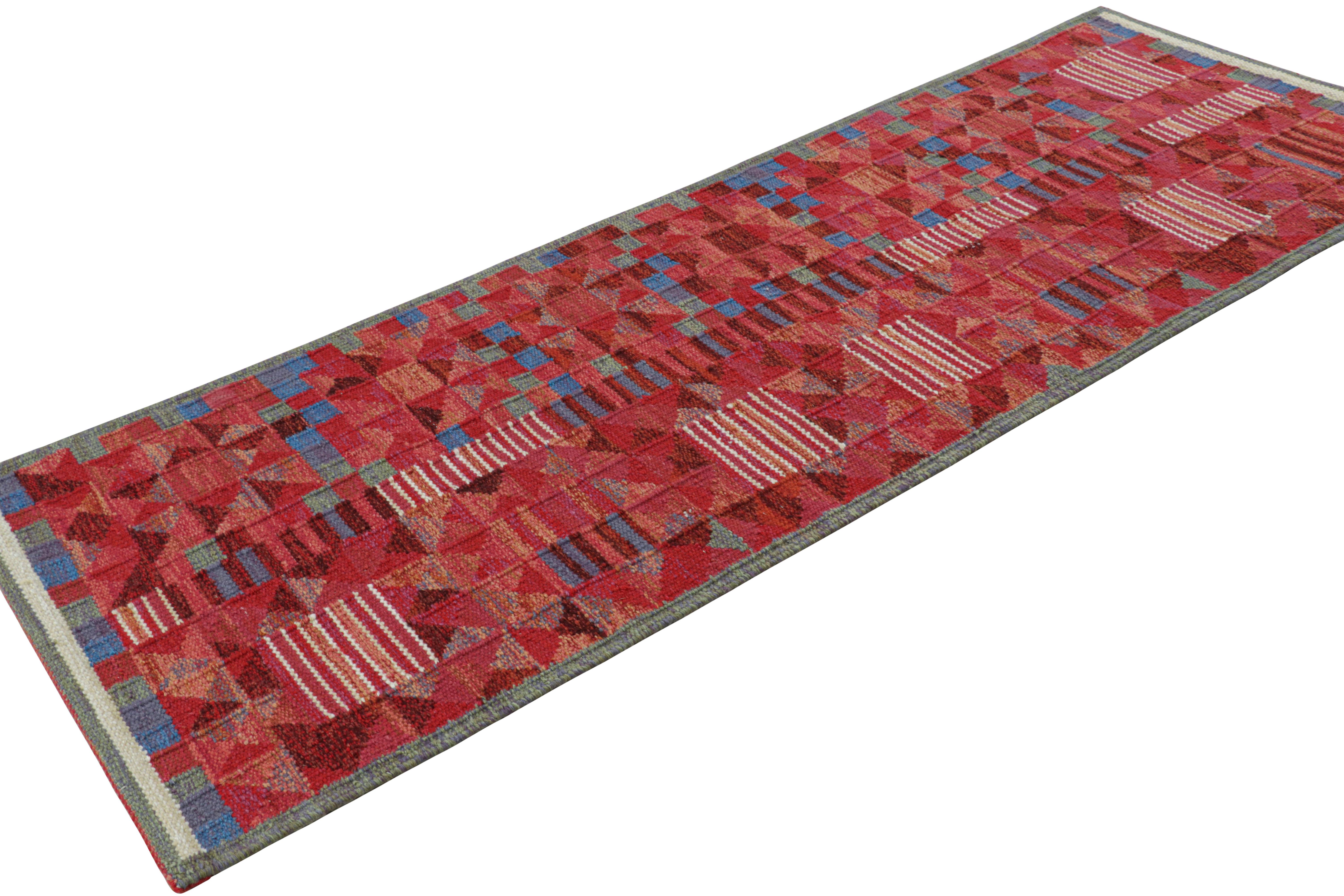 Hand-Woven Rug & Kilim’s Scandinavian Style Runner in Red Geometric Patterns & Blue Accents For Sale
