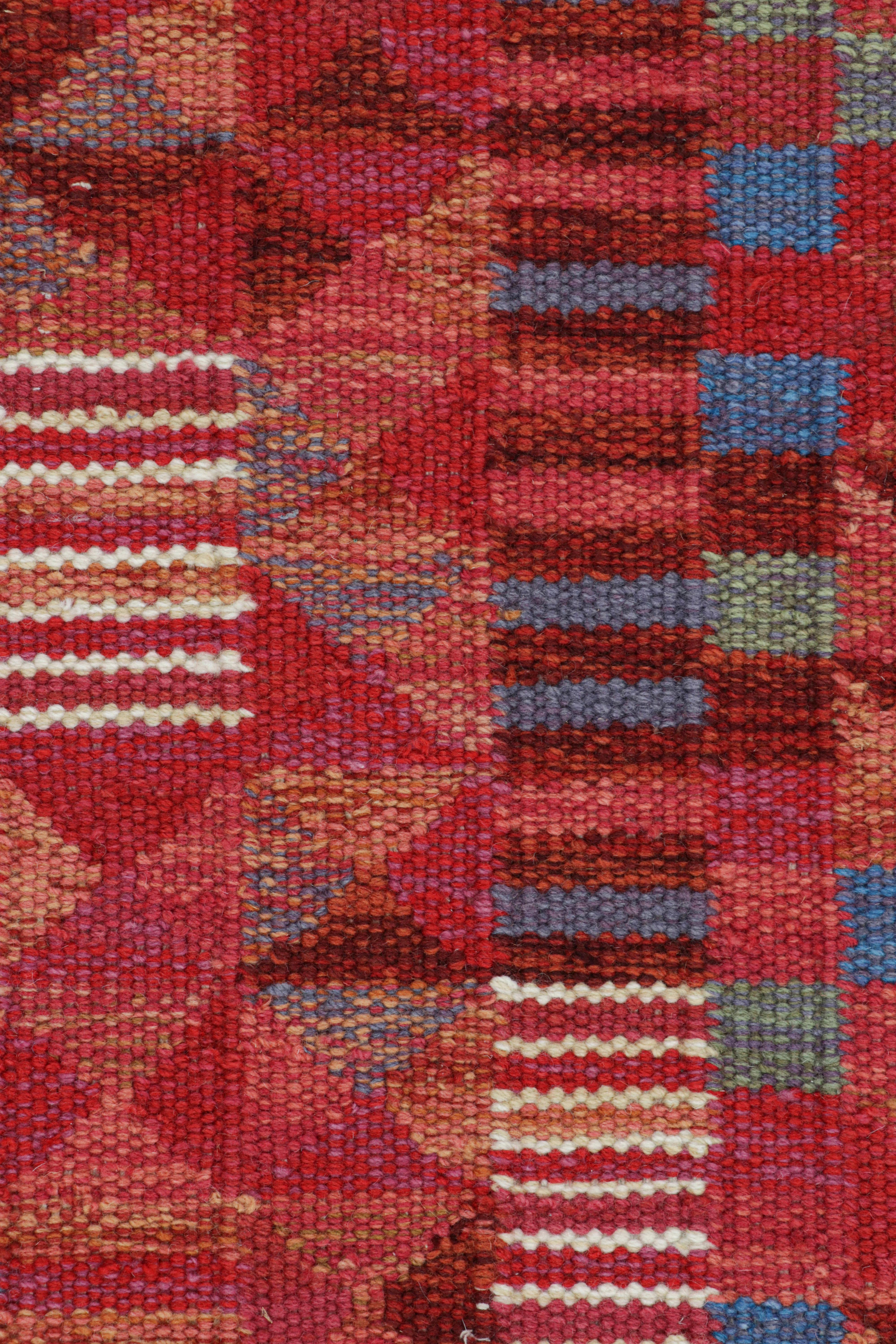 Rug & Kilim’s Scandinavian Style Runner in Red Geometric Patterns & Blue Accents In New Condition For Sale In Long Island City, NY