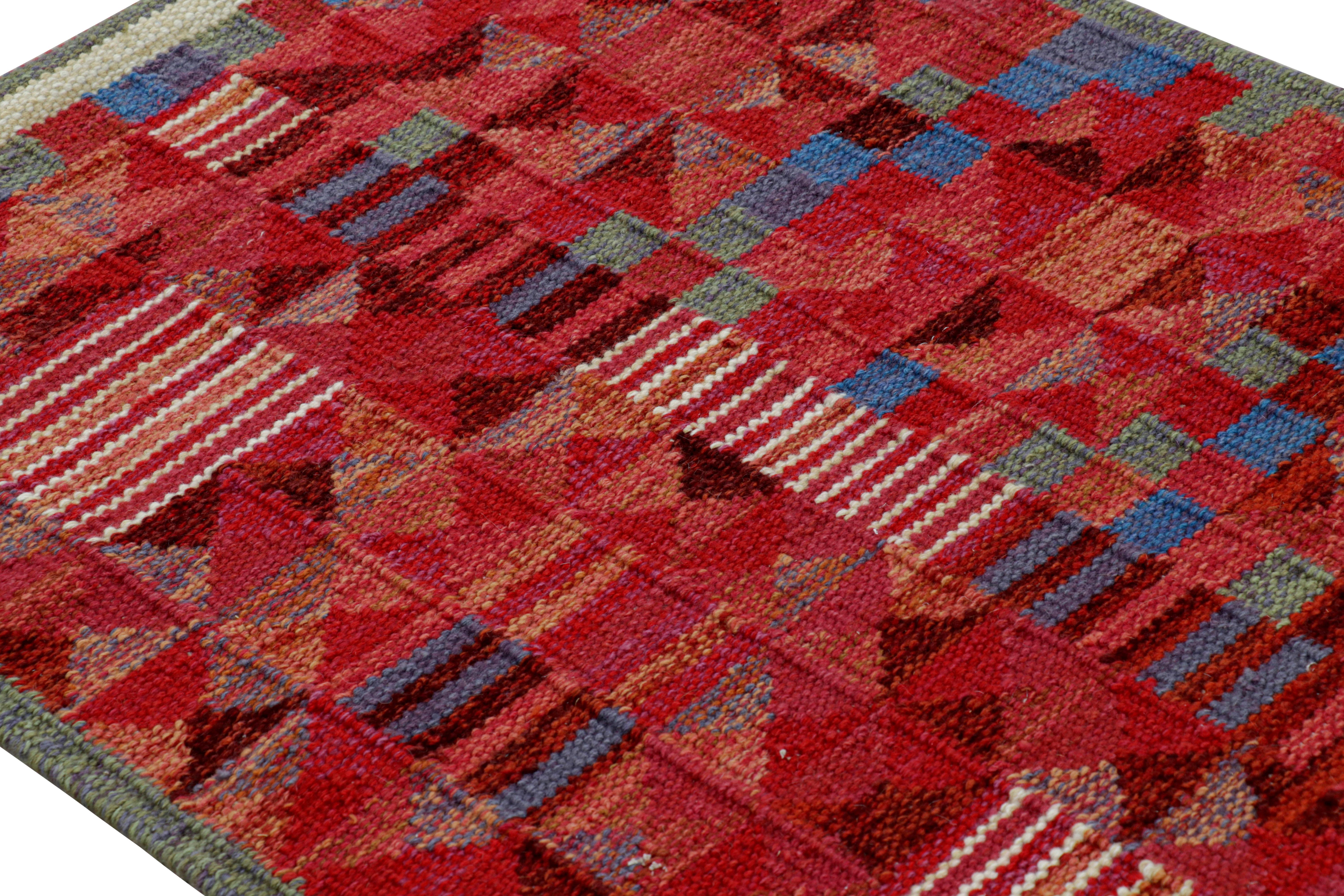 Contemporary Rug & Kilim’s Scandinavian Style Runner in Red Geometric Patterns & Blue Accents For Sale