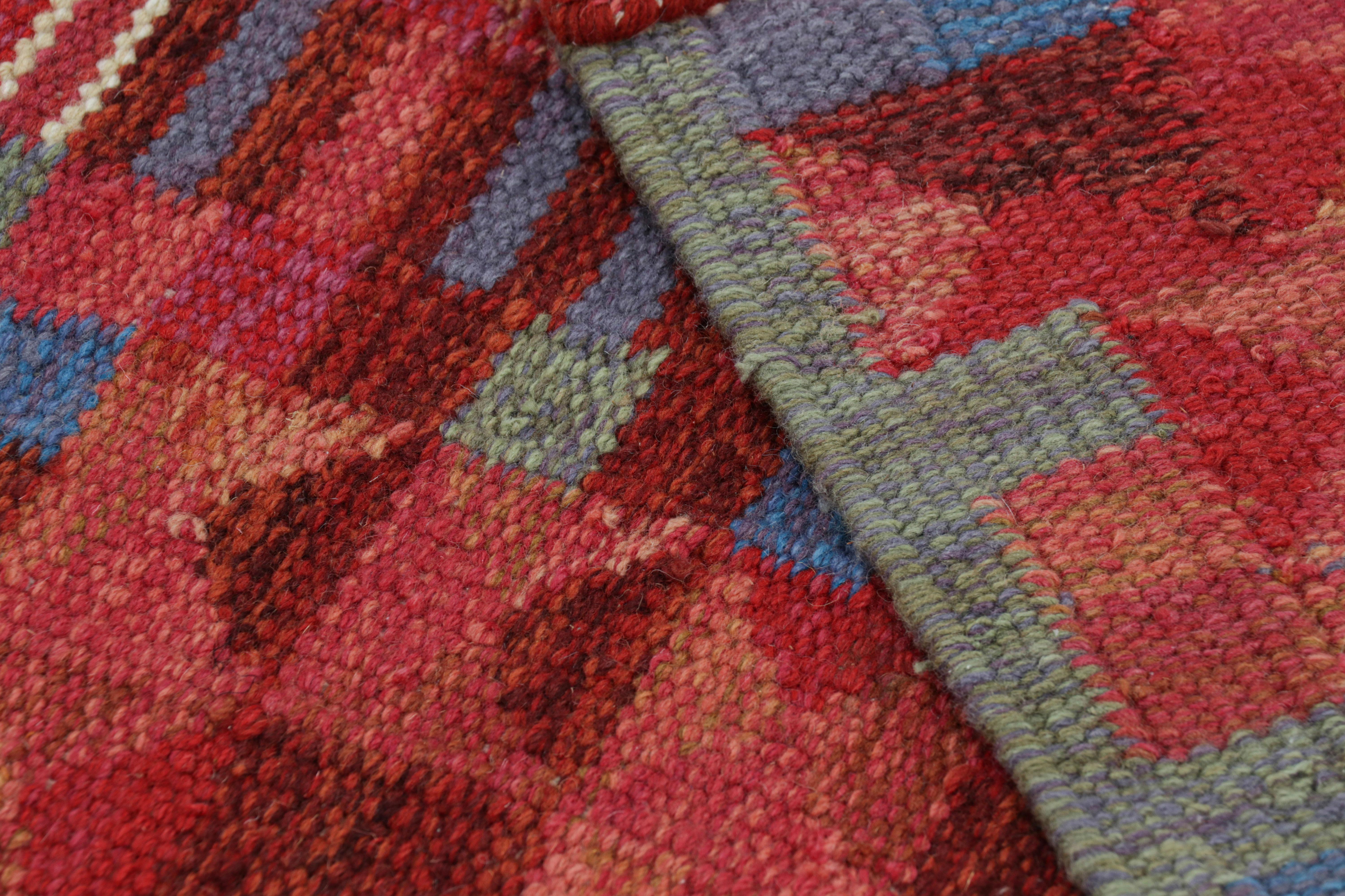 Wool Rug & Kilim’s Scandinavian Style Runner in Red Geometric Patterns & Blue Accents For Sale