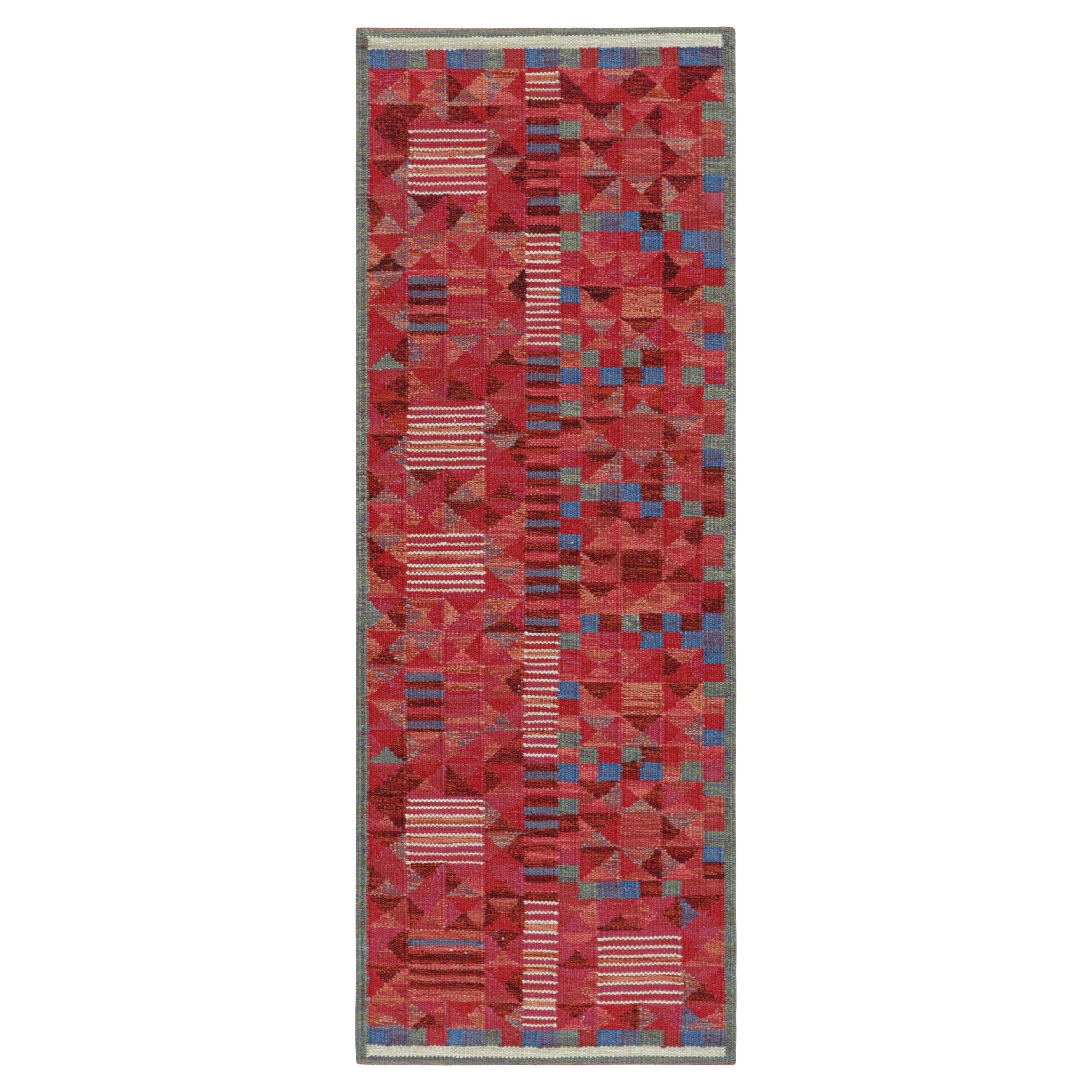Rug & Kilim’s Scandinavian Style Runner in Red Geometric Patterns & Blue Accents