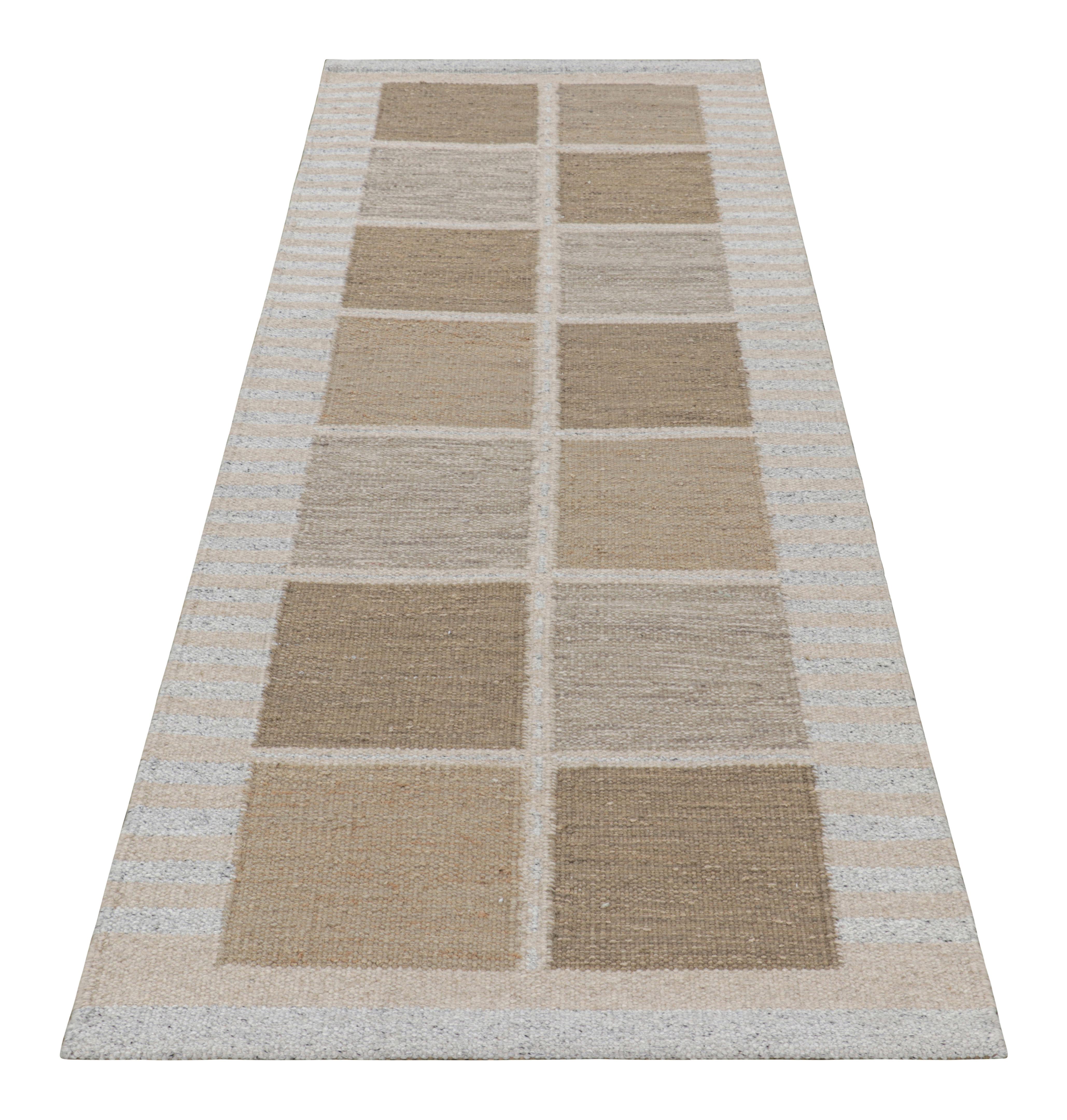Indian Rug & Kilim’s Scandinavian Style Runner Rug, Beige-Brown with Geometric Patterns For Sale