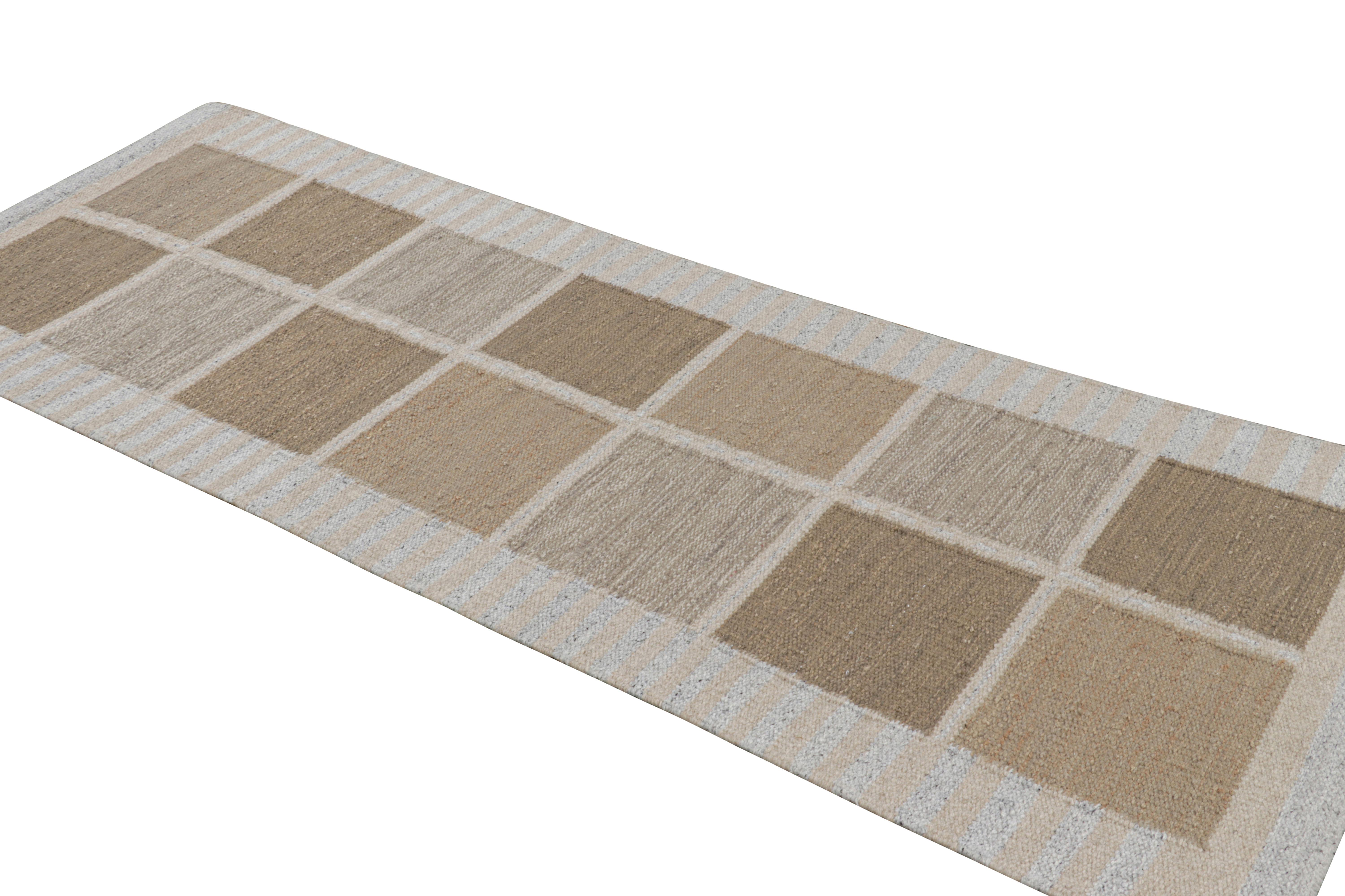 Hand-Woven Rug & Kilim’s Scandinavian Style Runner Rug, Beige-Brown with Geometric Patterns For Sale