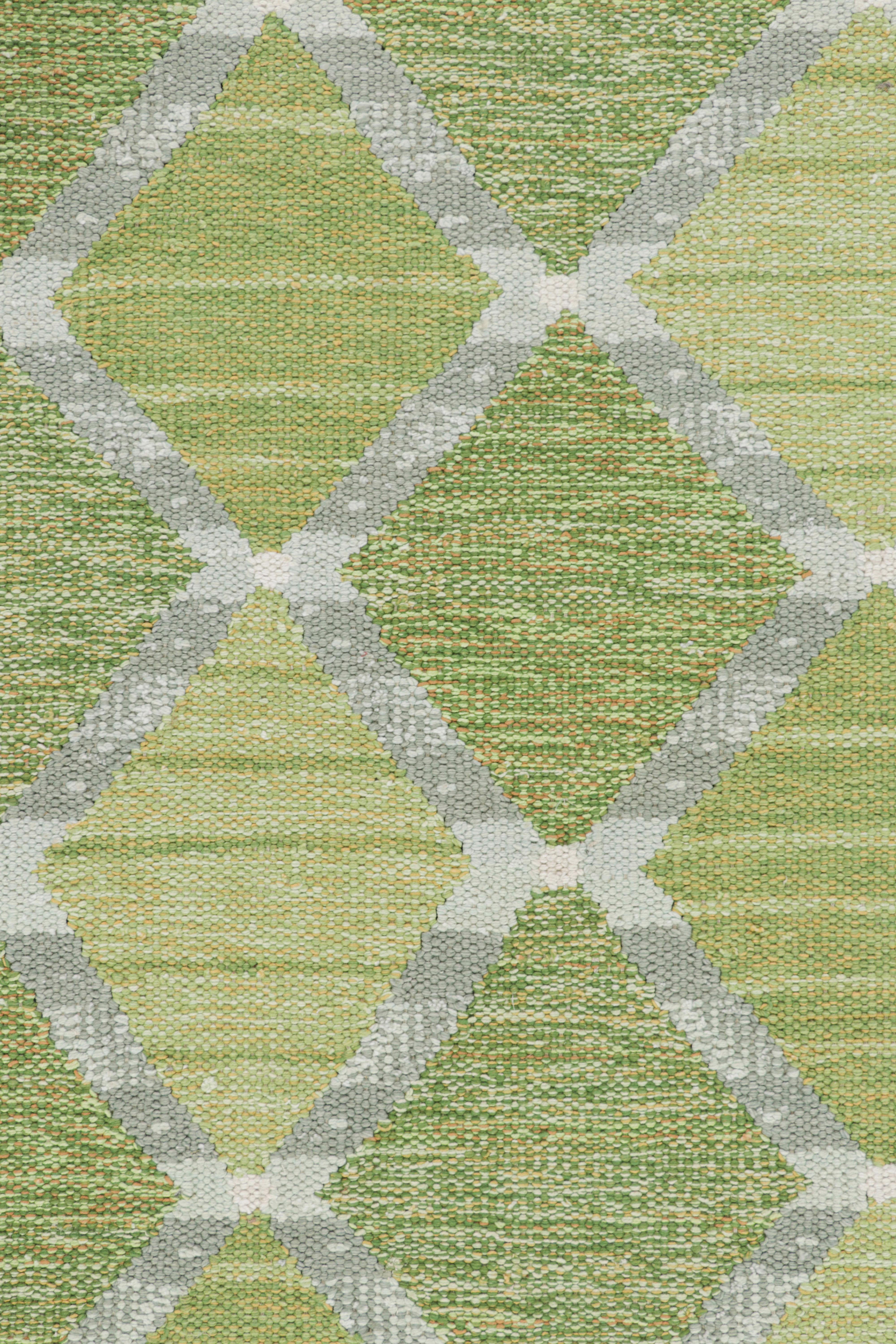 Scandinavian Modern Rug & Kilim’s Scandinavian Style Runner Rug Green with Gray Geometric Patterns For Sale