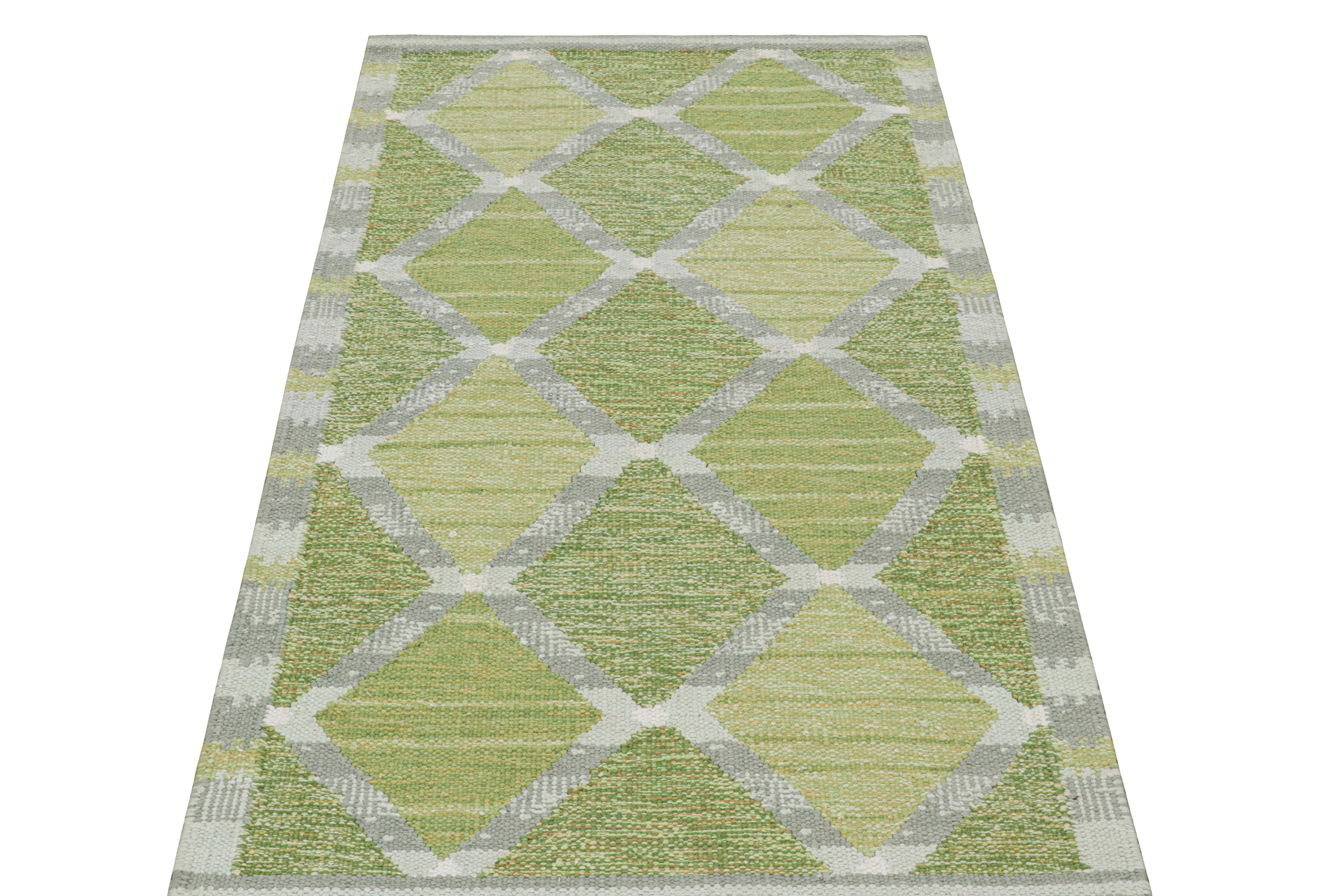 Indian Rug & Kilim’s Scandinavian Style Runner Rug Green with Gray Geometric Patterns For Sale