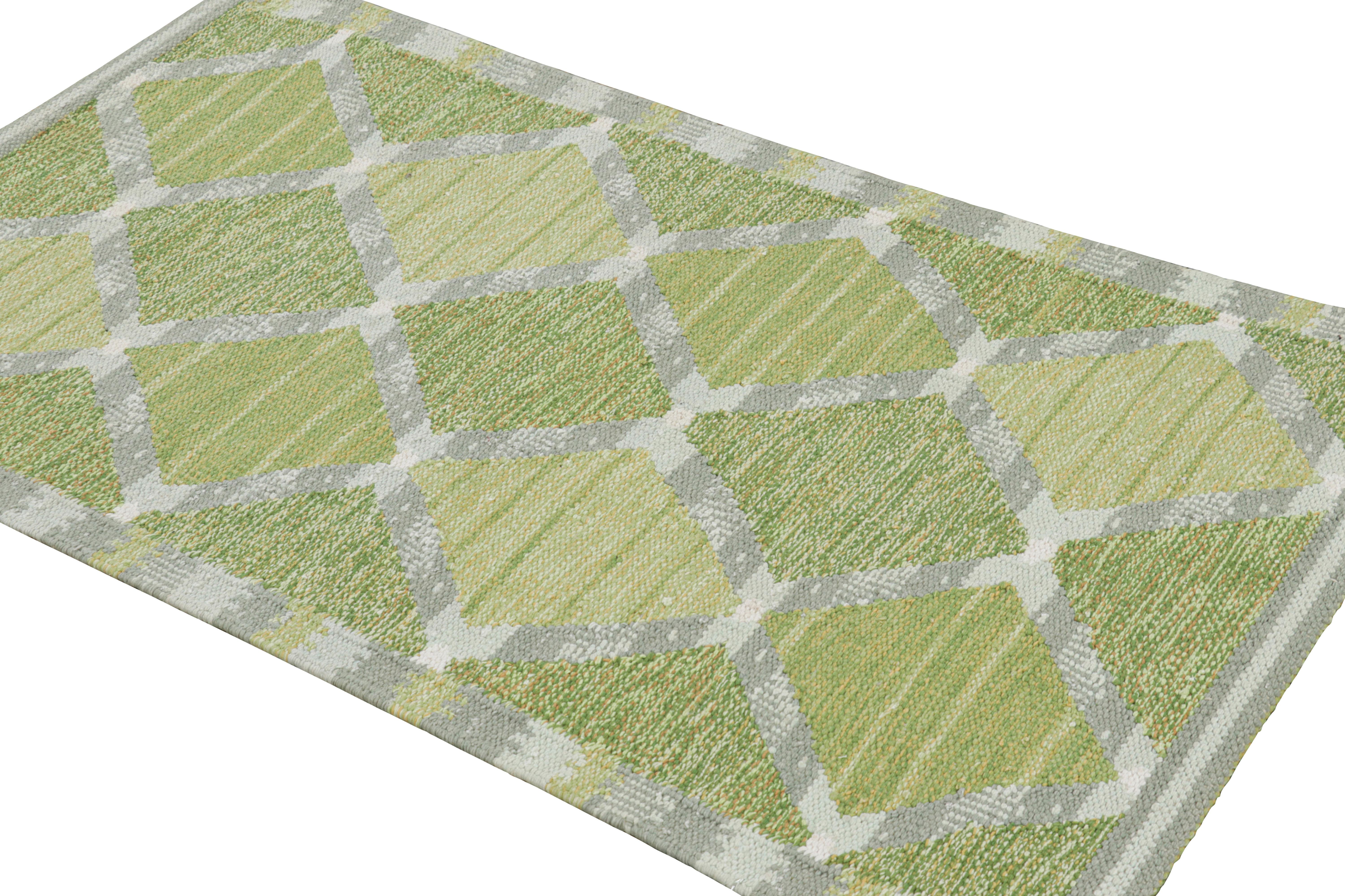 Hand-Woven Rug & Kilim’s Scandinavian Style Runner Rug Green with Gray Geometric Patterns For Sale