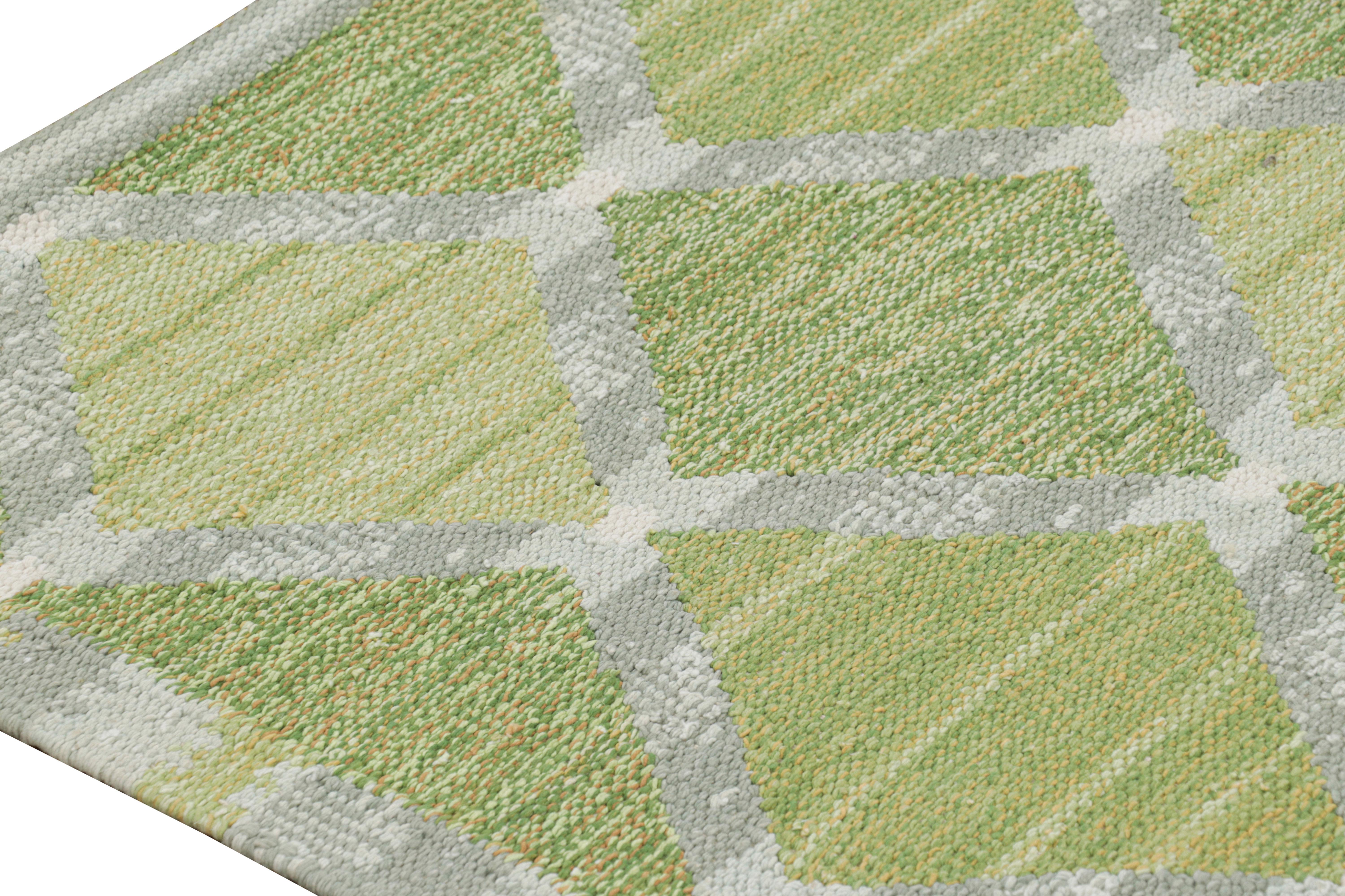 Rug & Kilim’s Scandinavian Style Runner Rug Green with Gray Geometric Patterns In New Condition For Sale In Long Island City, NY