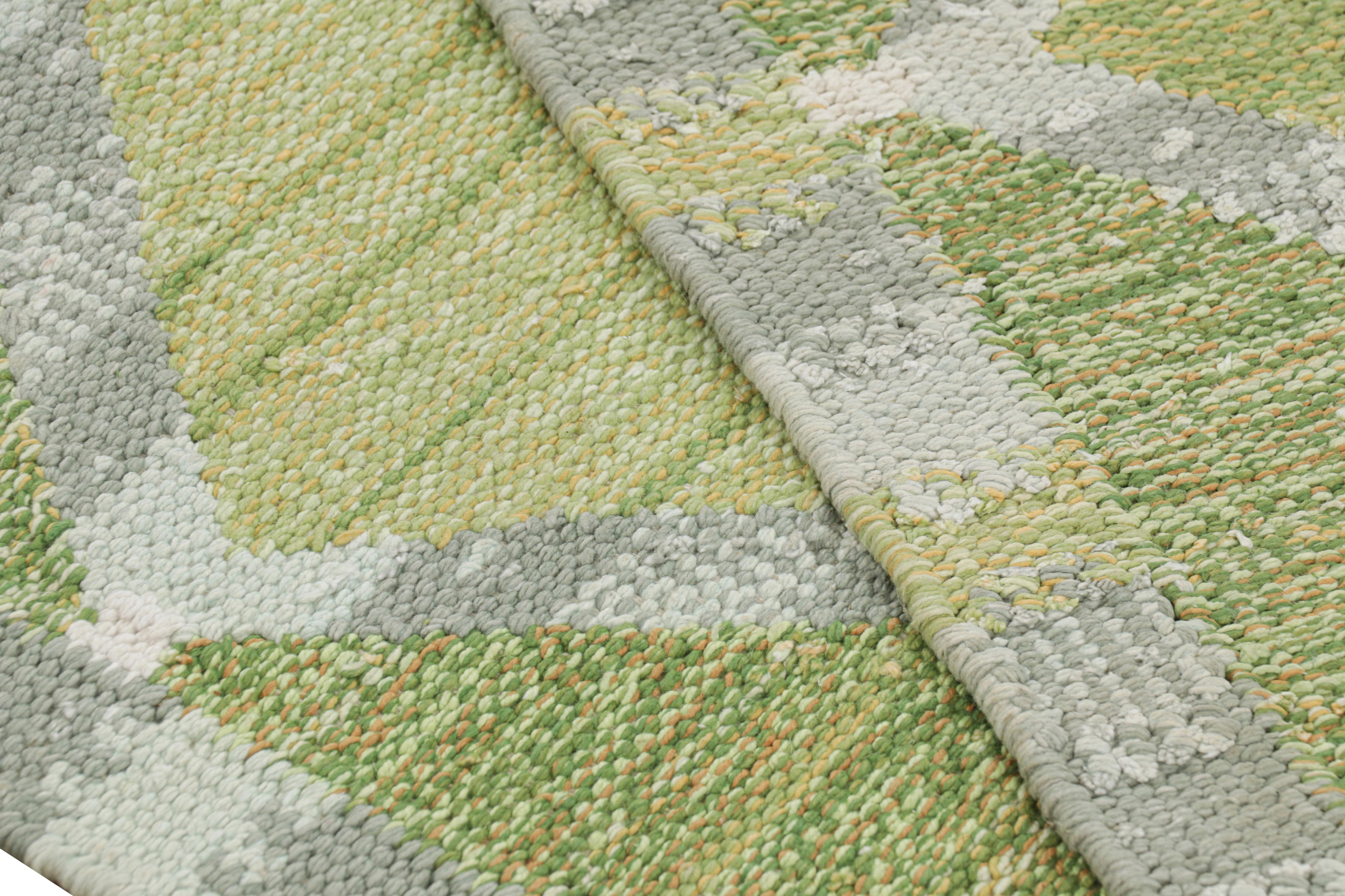 Contemporary Rug & Kilim’s Scandinavian Style Runner Rug Green with Gray Geometric Patterns For Sale