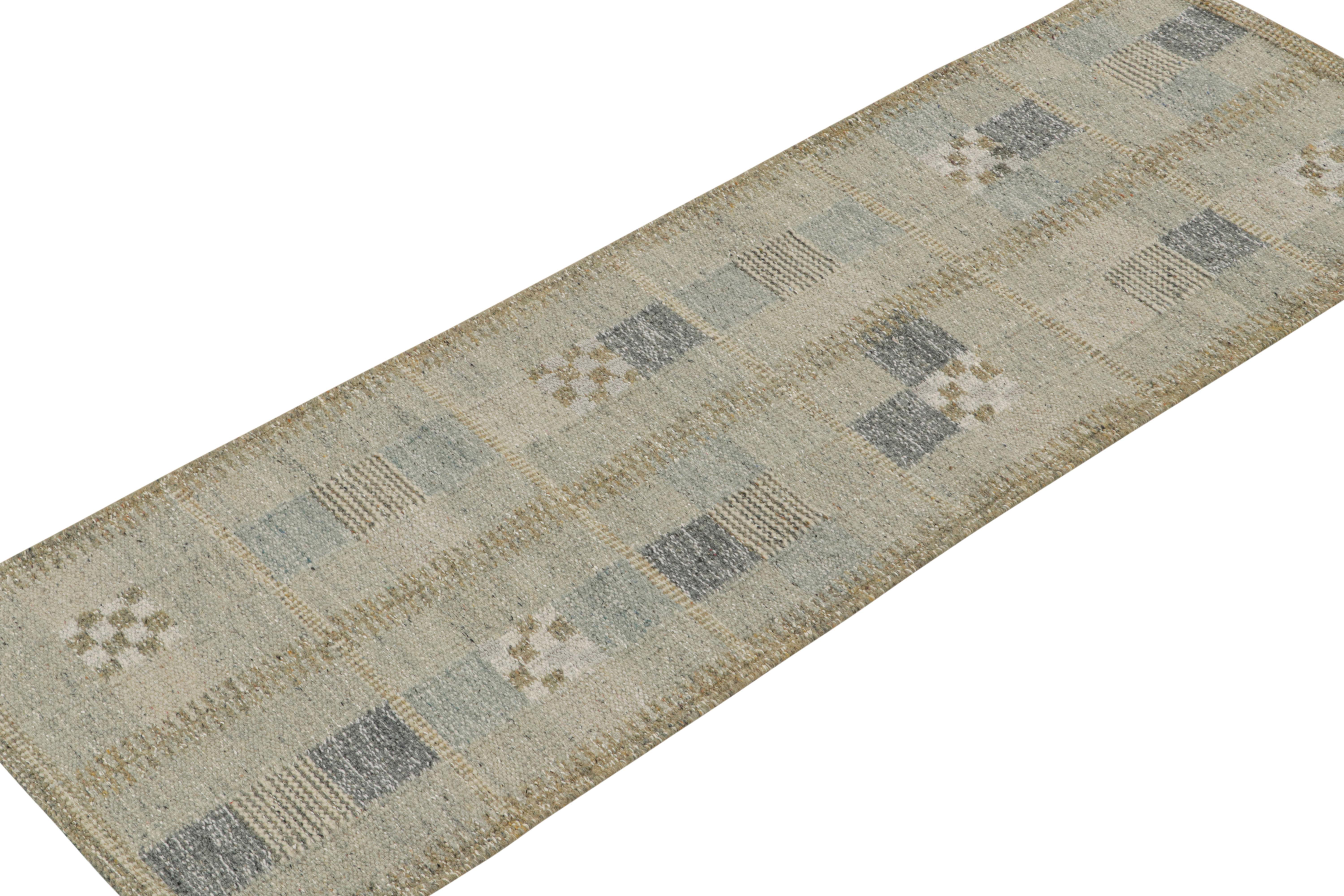 This 3x8 runner  represents the Scandinavian rug collection by Rug & Kilim. Handwoven in wool and undyed natural yarns, its design is inspired by Swedish rugs in the Rollakhan and Rya rugs in the Swedish Deco style. 

On the Design: 

Light blues