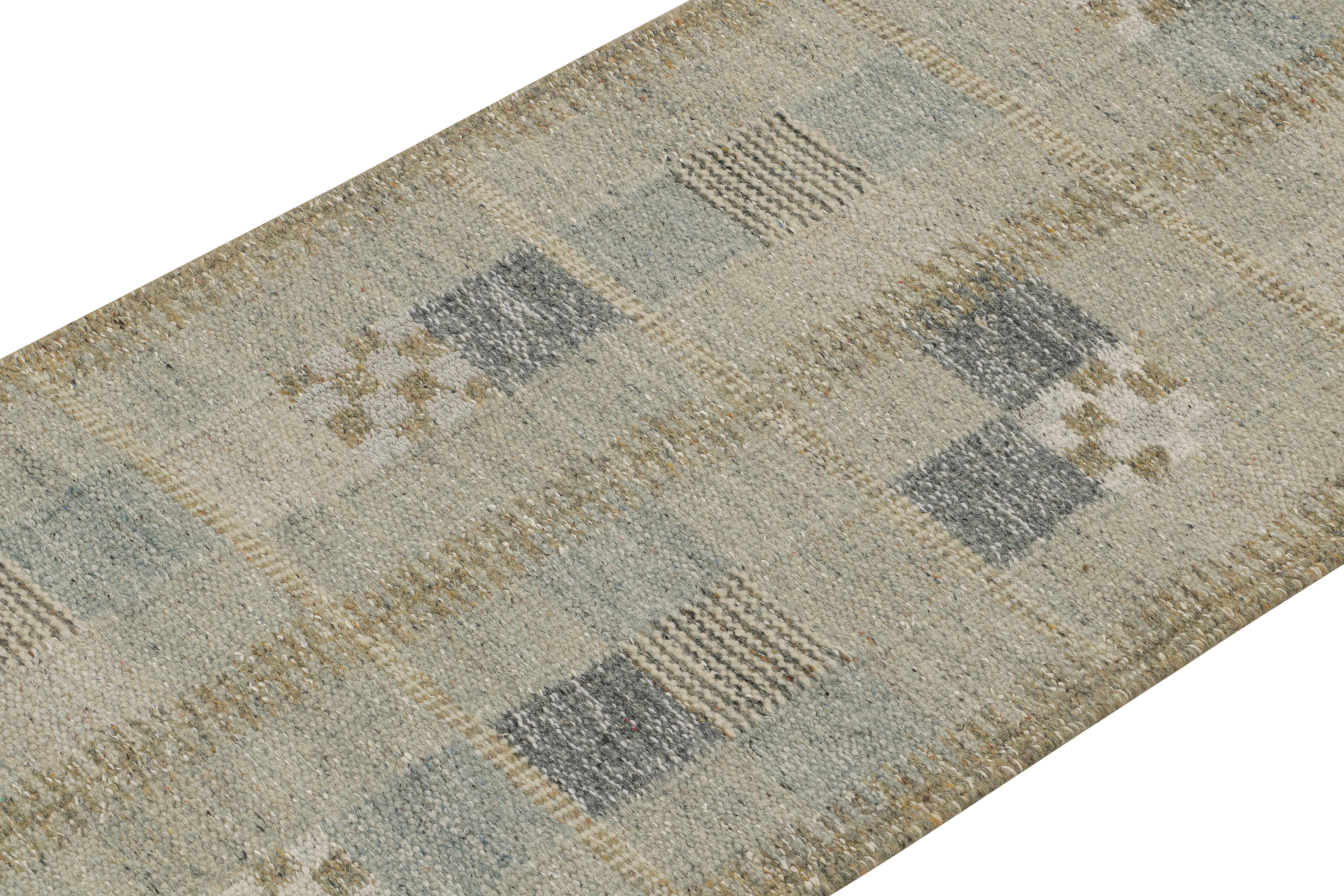 Indian Rug & Kilim’s Scandinavian Style Runner Rug in Blue with Geometric Patterns For Sale