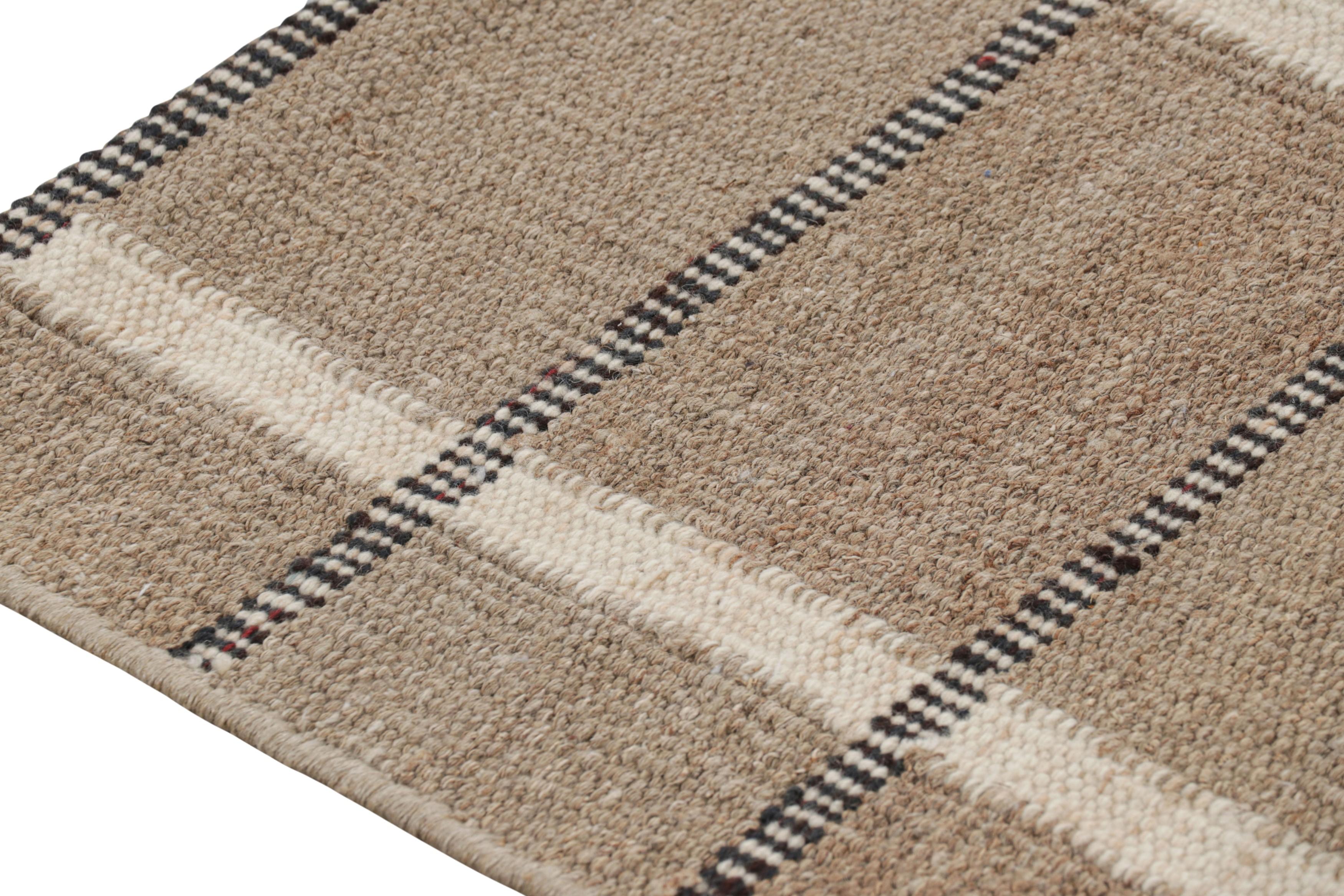 Modern Rug & Kilim’s Scandinavian Style Runner Rug In Brown with Black & White Stripes For Sale