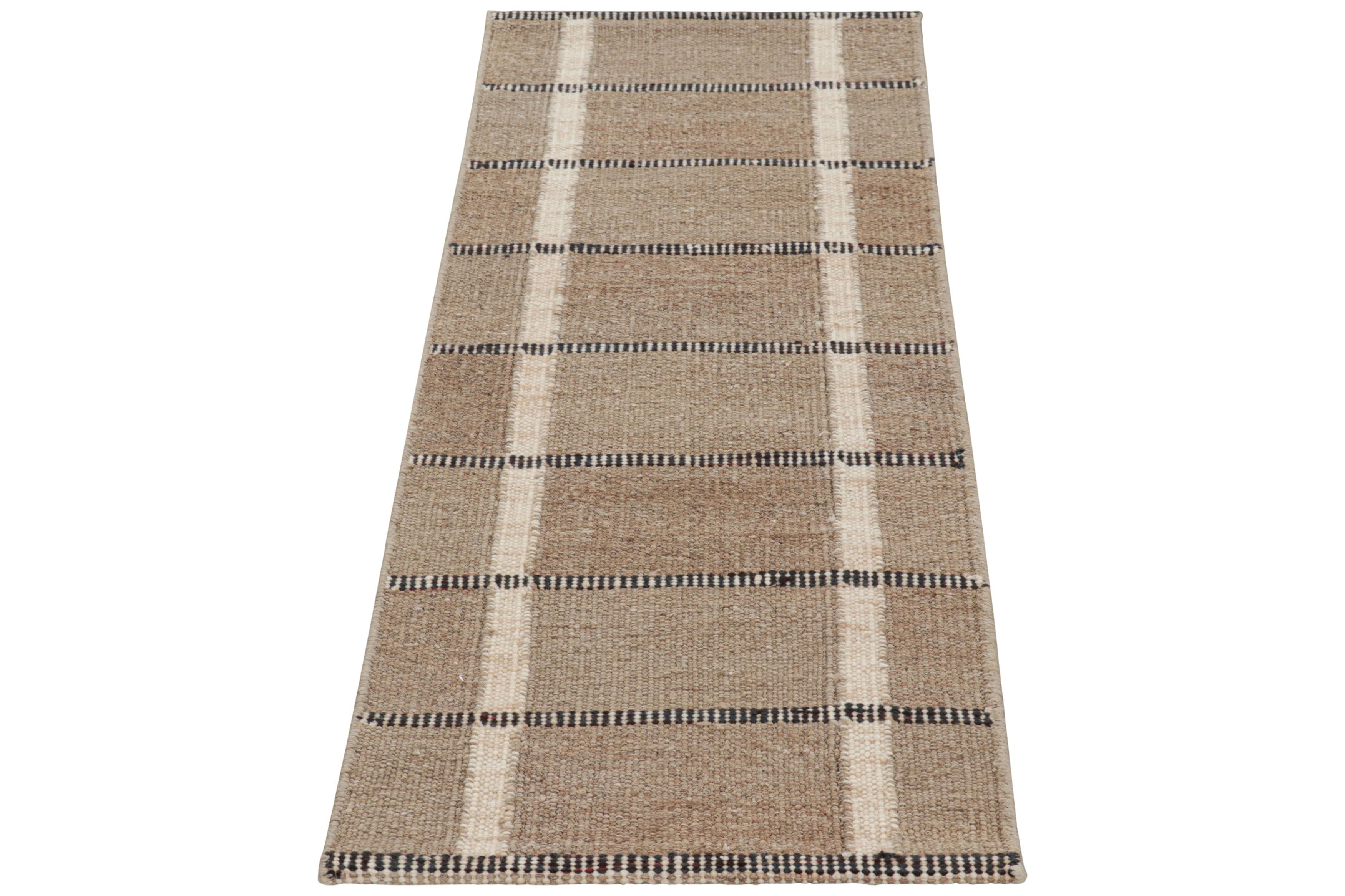 Indian Rug & Kilim’s Scandinavian Style Runner Rug In Brown with Black & White Stripes For Sale