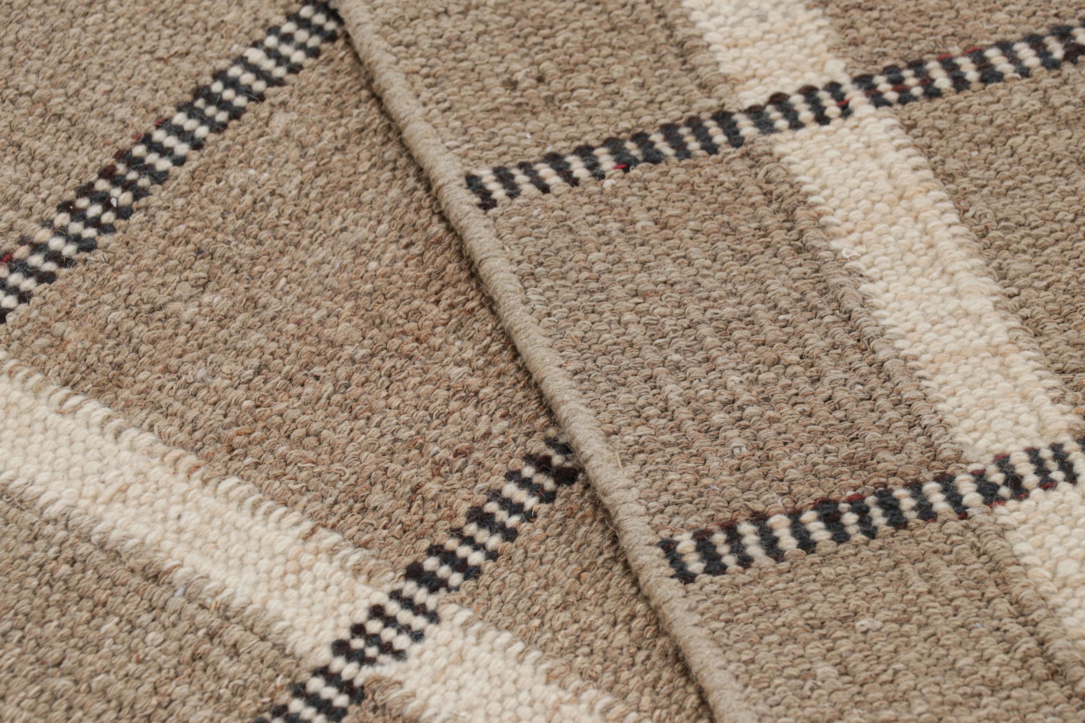 Contemporary Rug & Kilim’s Scandinavian Style Runner Rug In Brown with Black & White Stripes For Sale