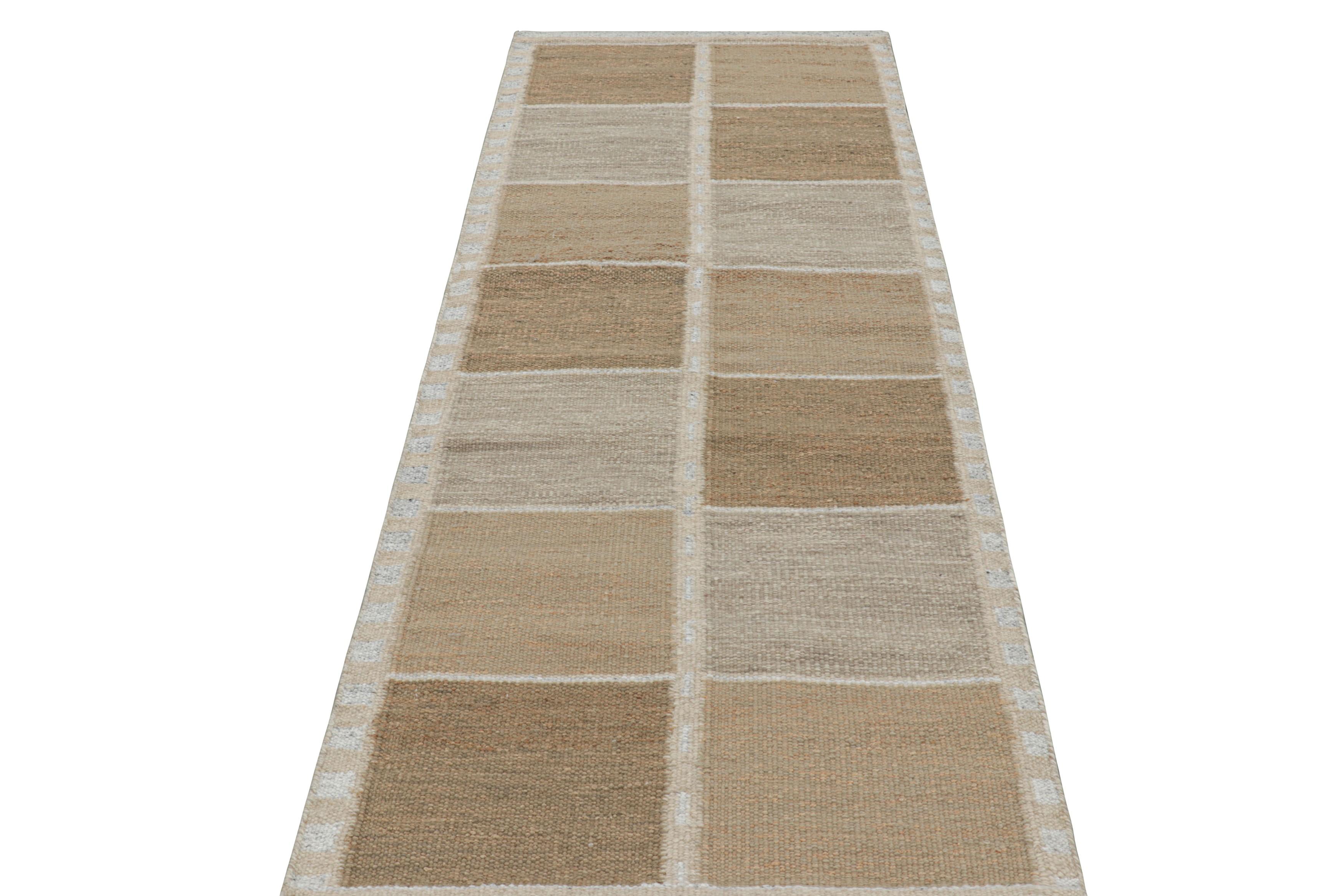 Indian Rug & Kilim’s Scandinavian Style Runner Rug in Brown with Geometric Patterns For Sale