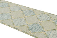 Rug & Kilim's Scandinavian Style Runner Rug in Green with Blue Geometric Pattern