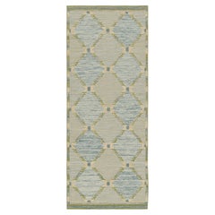 Rug & Kilim's Scandinavian Style Runner Rug in Green with Blue Geometric Pattern