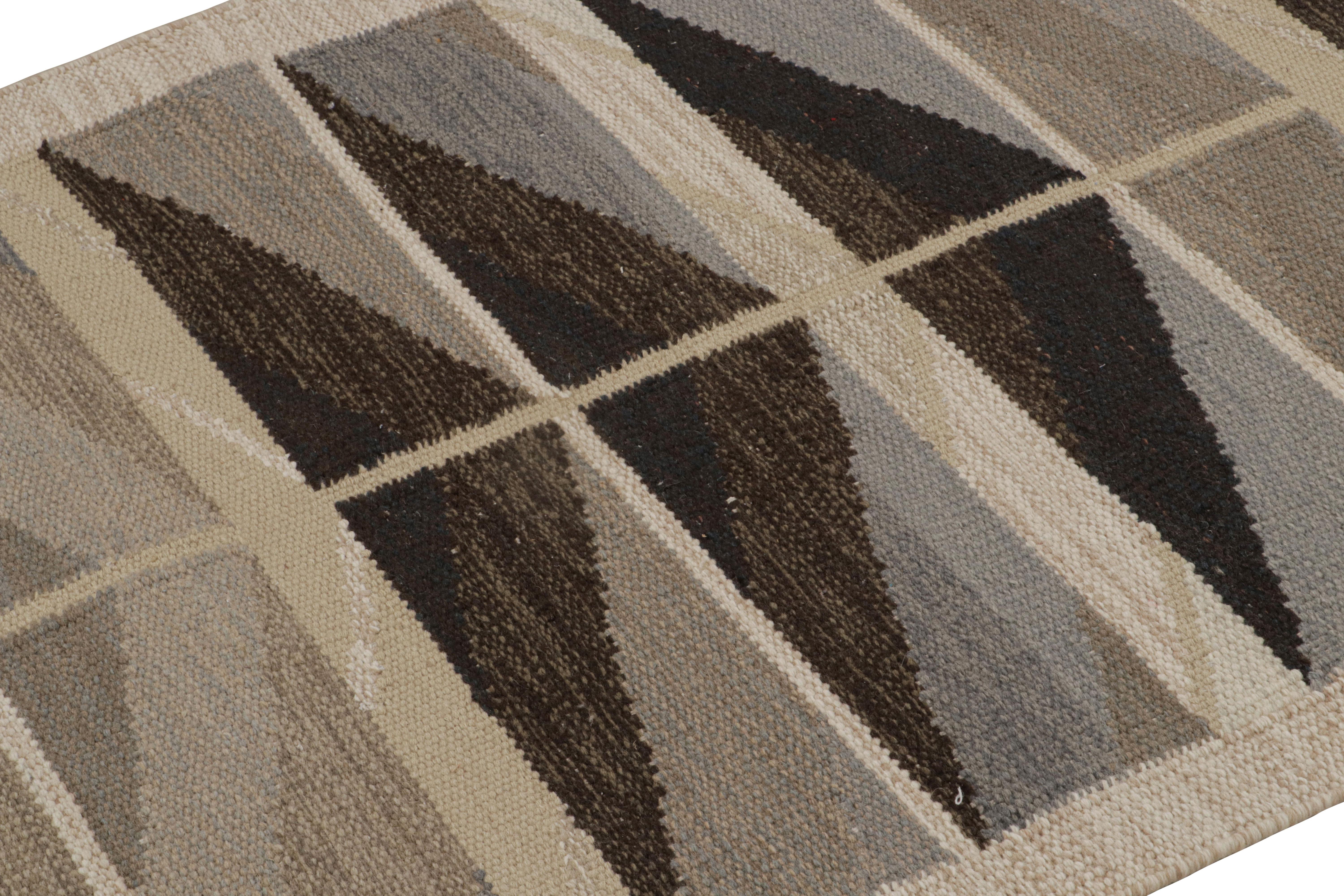 Indian Rug & Kilim’s Scandinavian Style Runner Rug with Beige-Brown Geometric Patterns For Sale