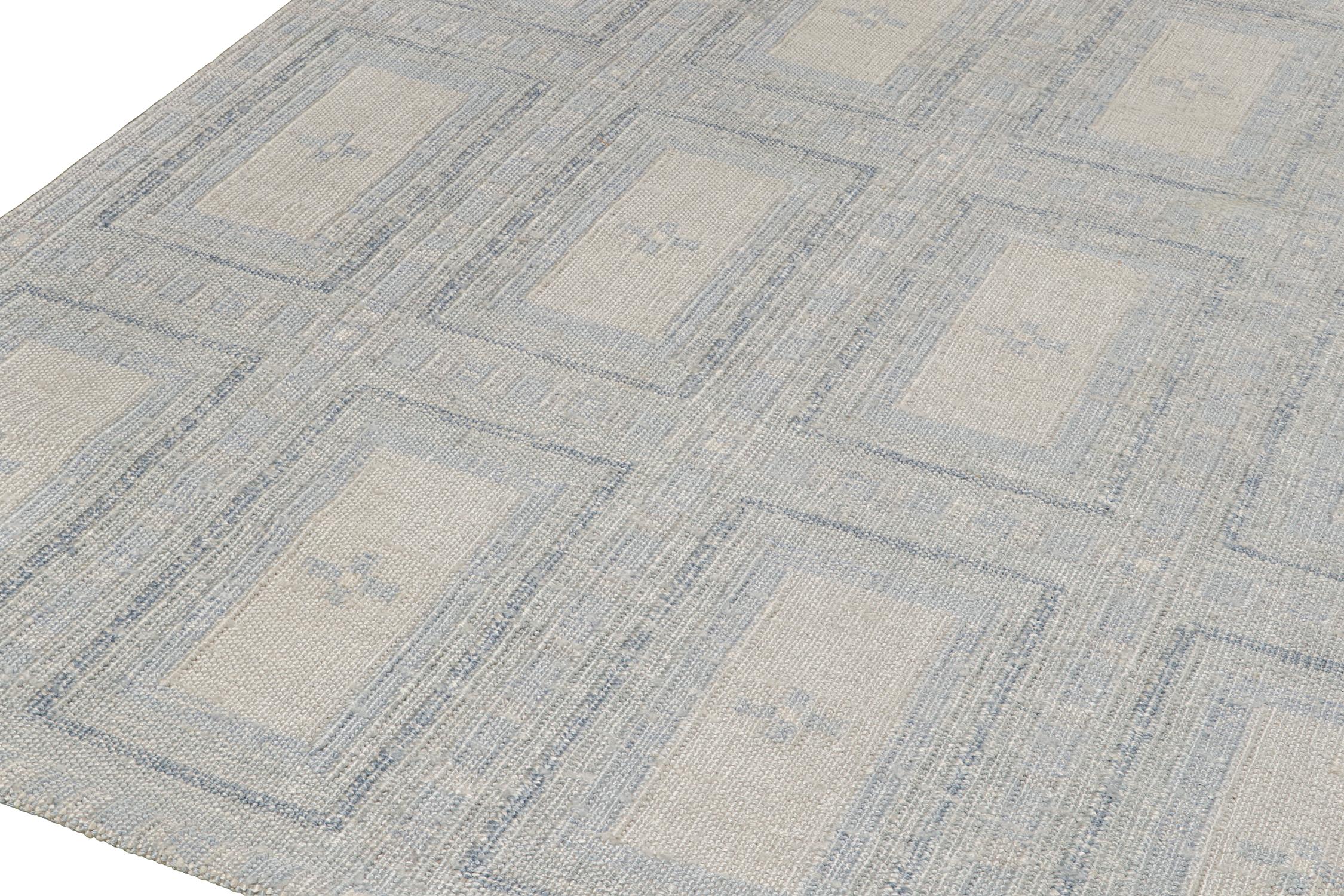 Hand-Knotted Rug & Kilim’s Scandinavian Style Silk Kilim in Silver and Blue Geometric Pattern For Sale