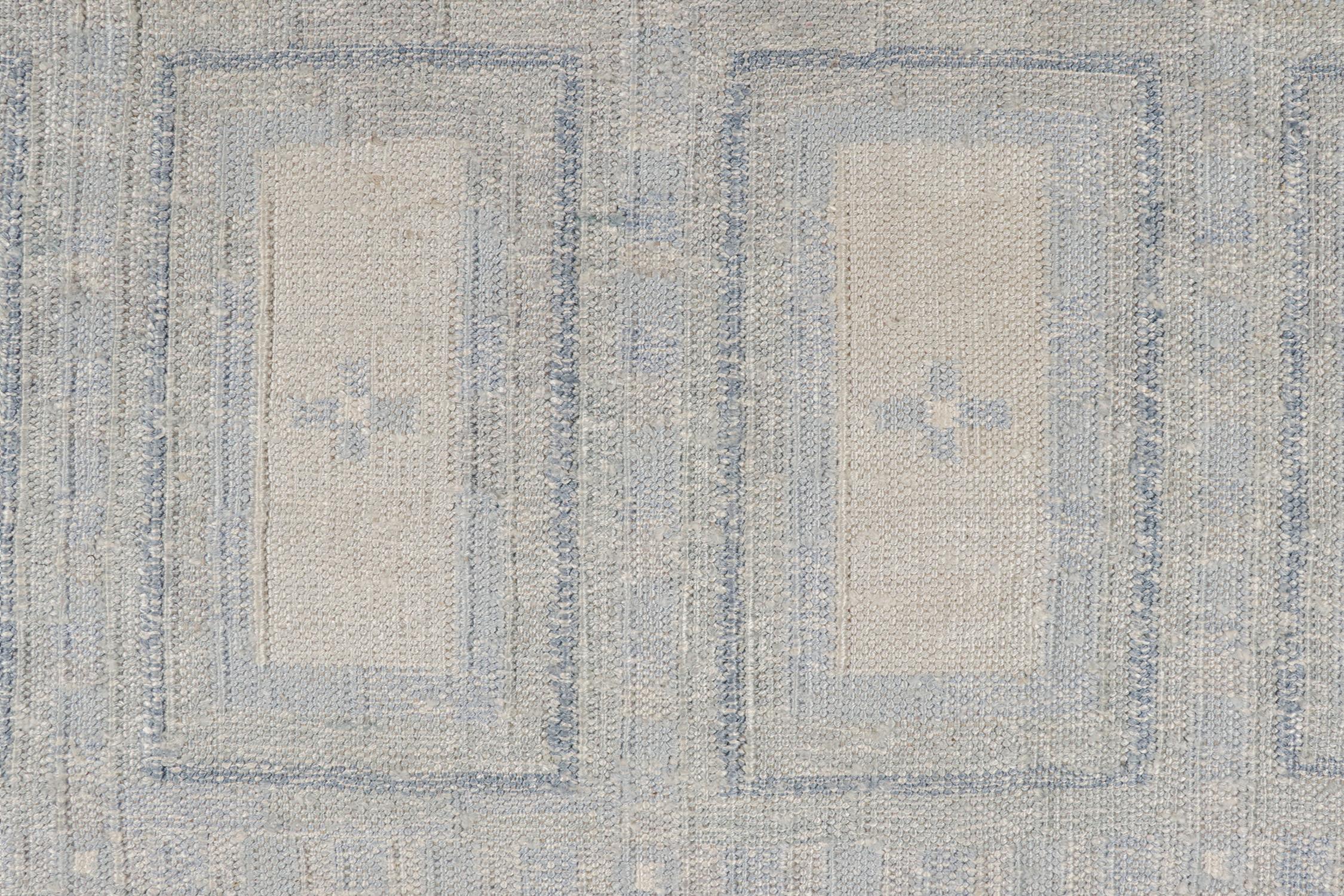 Contemporary Rug & Kilim’s Scandinavian Style Silk Kilim in Silver and Blue Geometric Pattern For Sale
