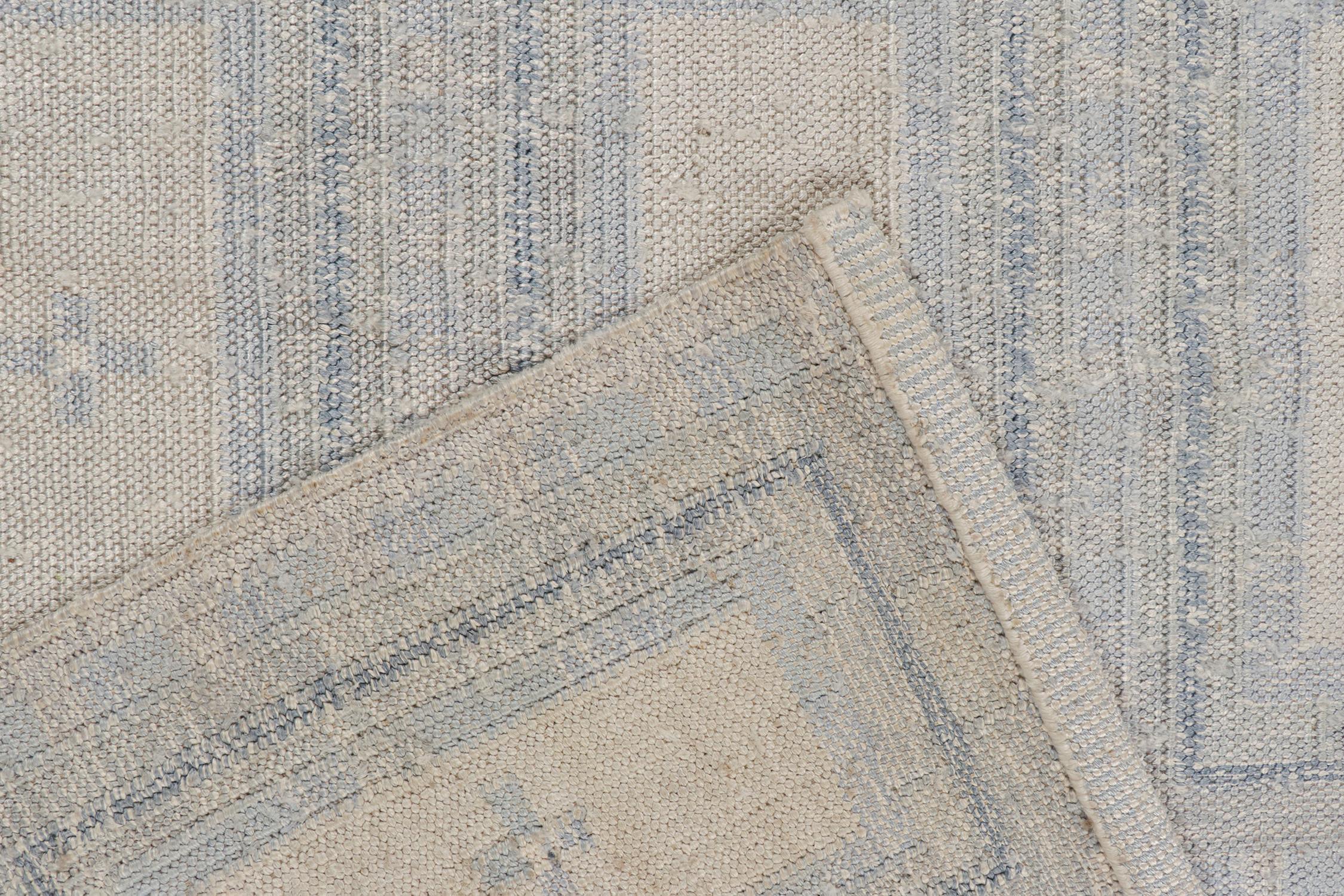 Wool Rug & Kilim’s Scandinavian Style Silk Kilim in Silver and Blue Geometric Pattern For Sale