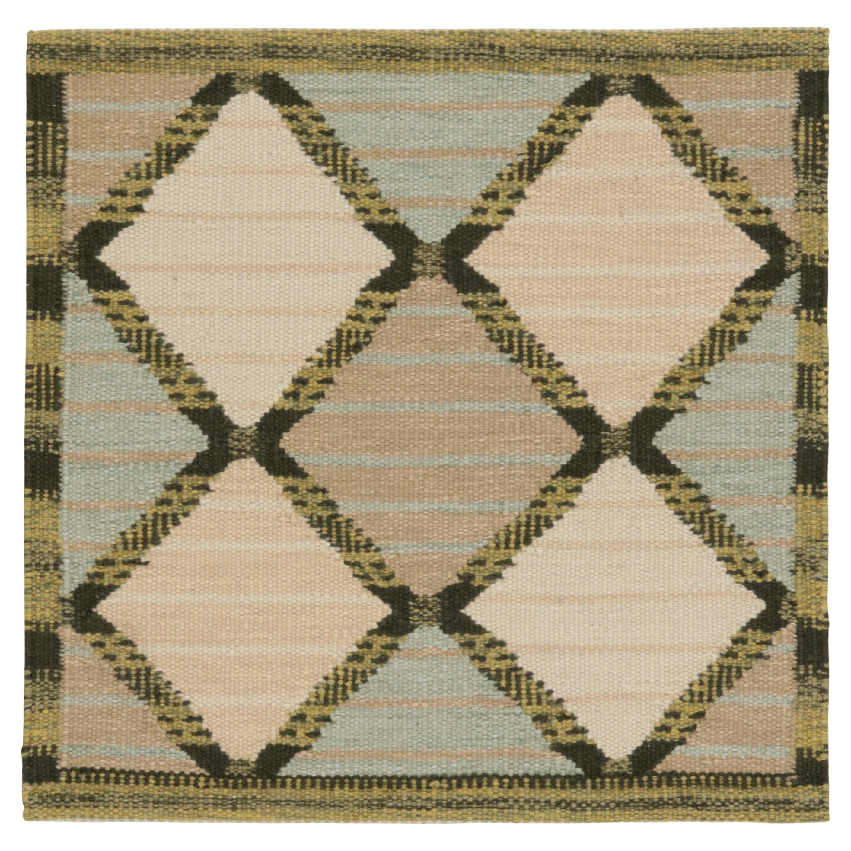Rug & Kilim’s Scandinavian Style Square Rug in Blue and Beige, with Patterns For Sale