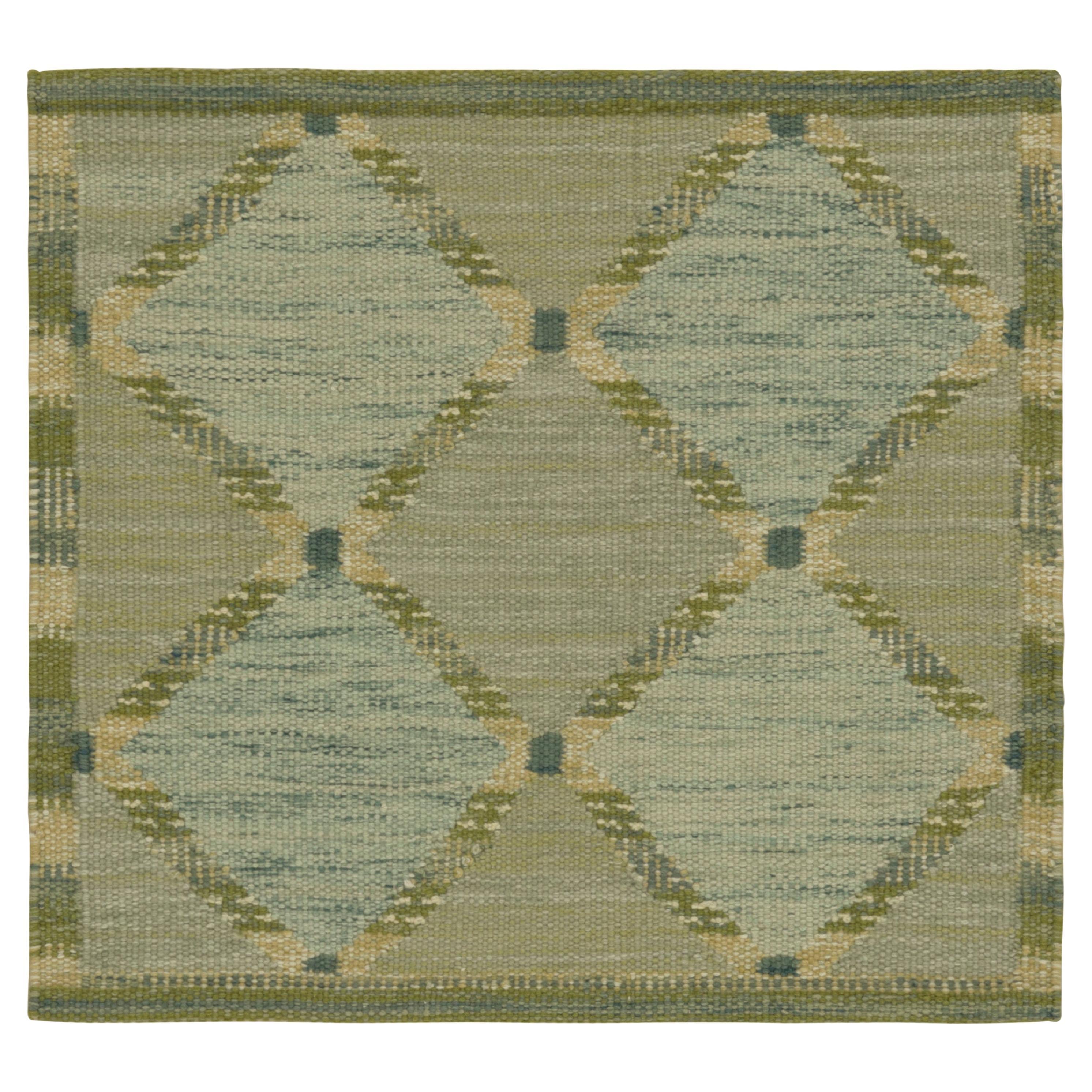 Rug & Kilim’s Scandinavian Style Square Rug in Blue and Green, with Patterns For Sale