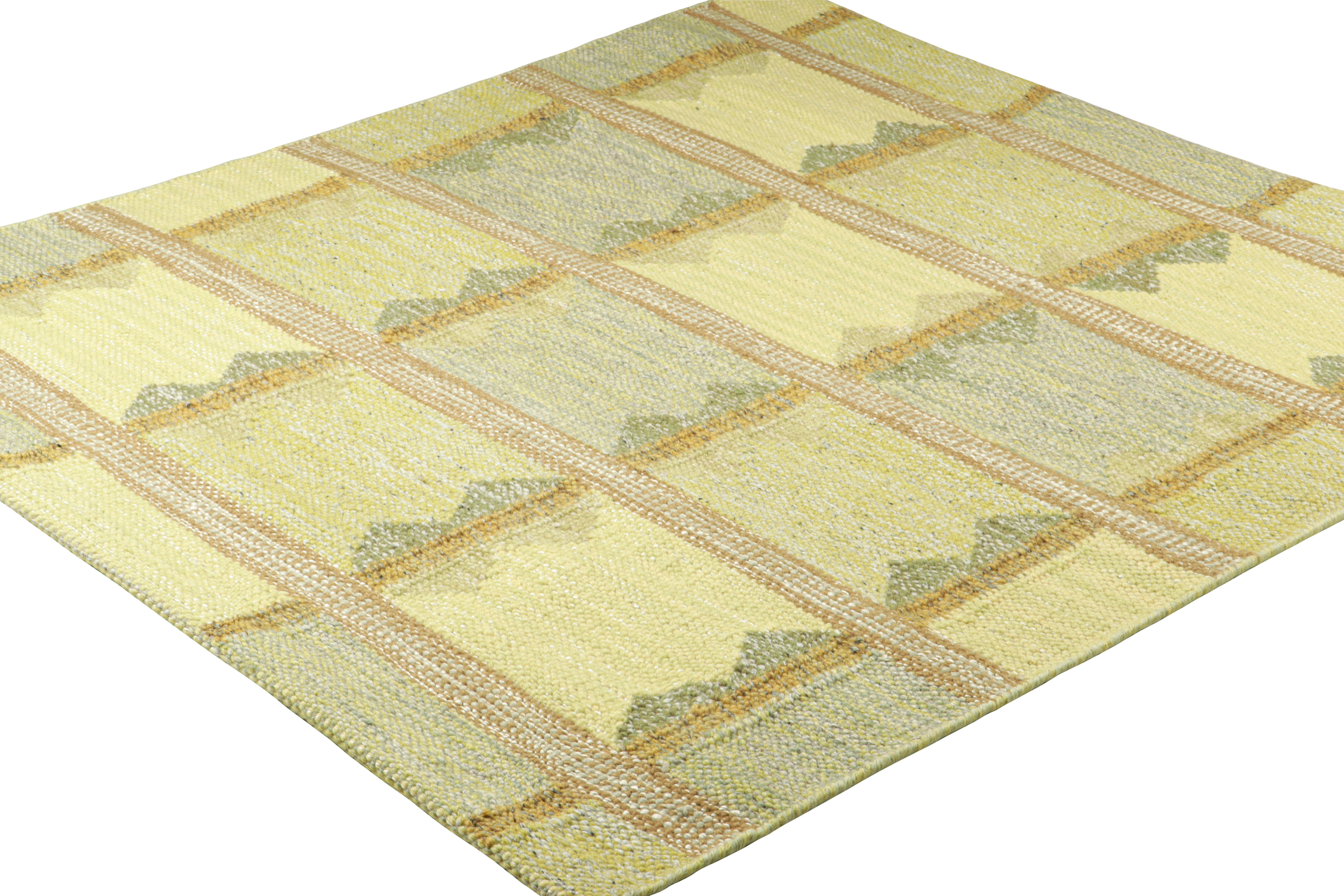 Indian Rug & Kilim’s Scandinavian Style Square Rug in Blue & Green Geometric Patterns For Sale