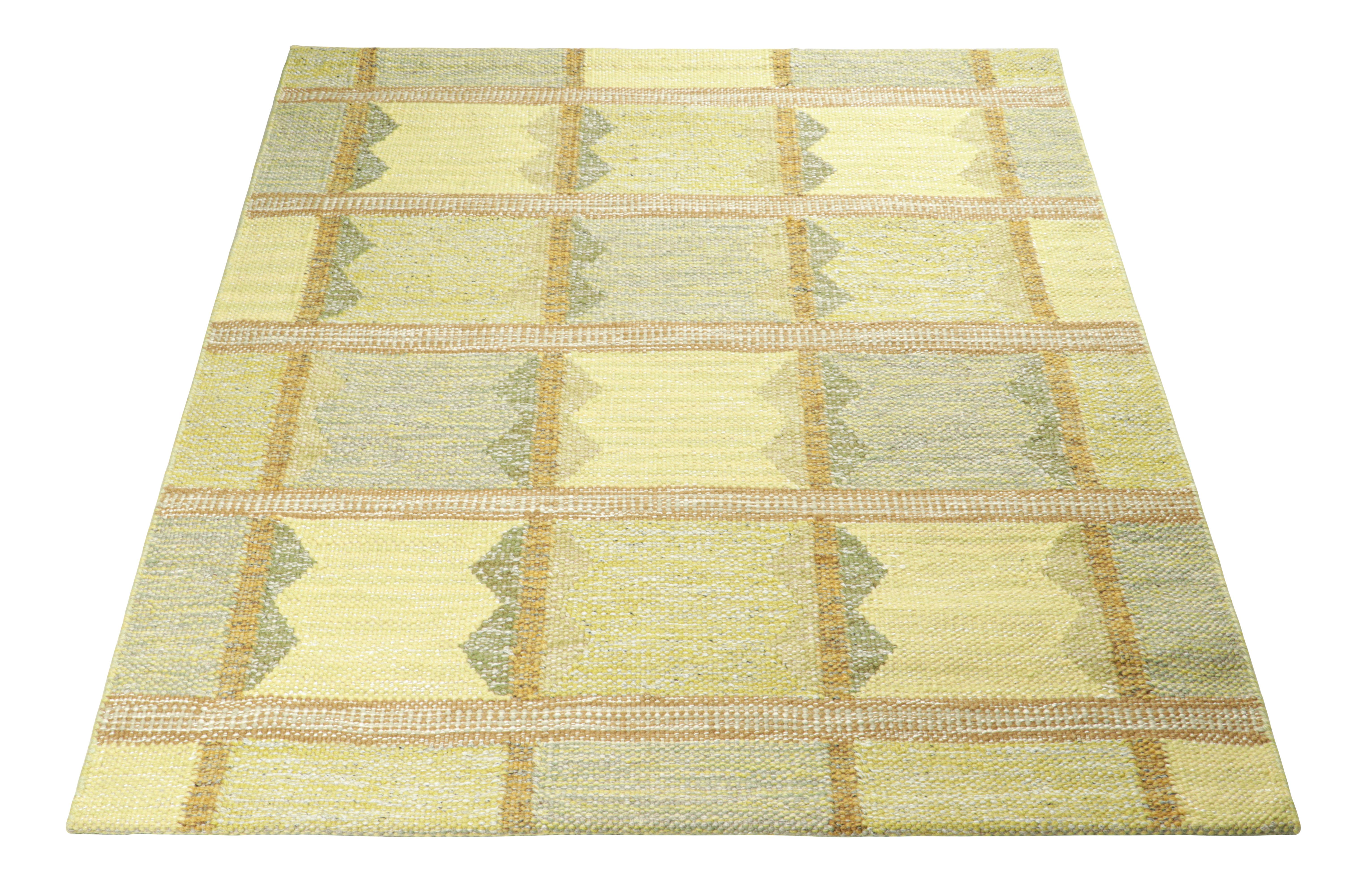Hand-Woven Rug & Kilim’s Scandinavian Style Square Rug in Blue & Green Geometric Patterns For Sale
